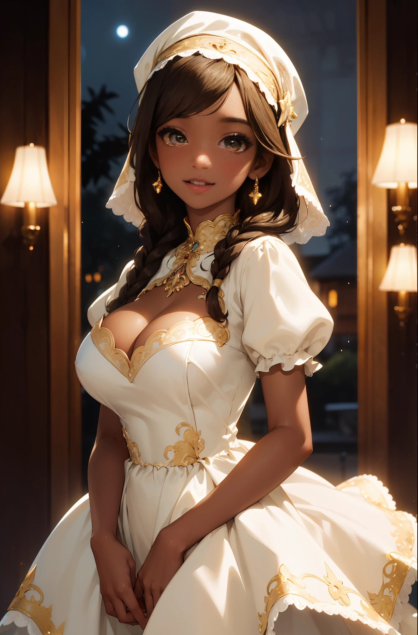 (masterpiece, best quality:1.4), (beautiful, perfect, delicate, detailed, intricate, aesthetic:1.2), cinematic shot, natural light, light particles, sunlight, atmospheric, vivid colors, (depth of field:1.4), (princess girl:1.2), looking at viewer, (ebony, brown skin:1.4), (detailed face, eyeliner, glossy lips), smiling, (gigantic breasts, cleavage), (thick braid), (headscarf, delicate dress, detailed dress, ornate dress), (night:1.4), (cowboy shot:1.4),