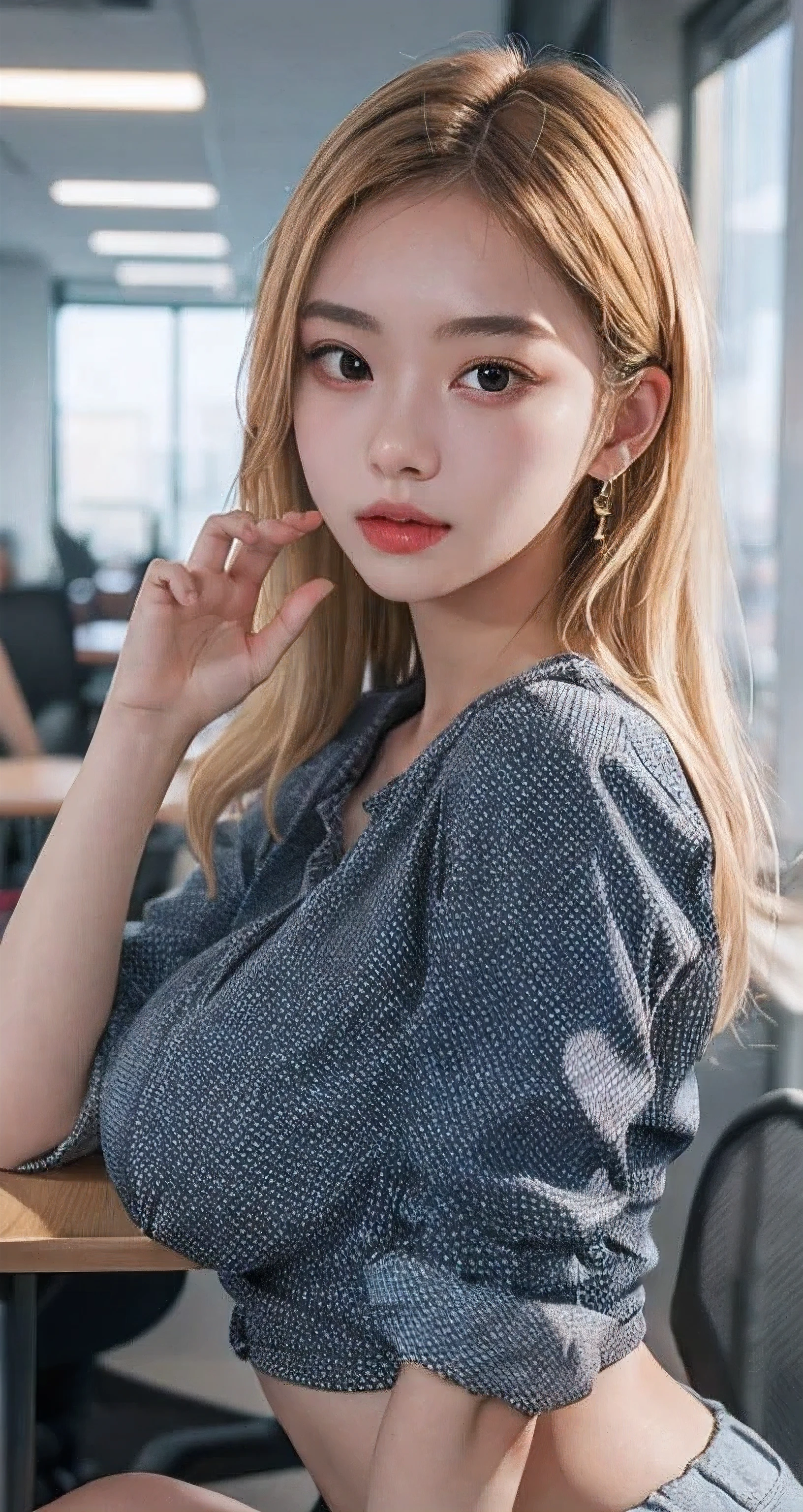 Best Quality Detail:1.2, realisitic, 8K UHD, hight resolution, 1girl in:1.2, The ultra-detailliert, High quality textures, intricate detailes, detaileds, Very detailed CG, High quality shadows, Detail Beautiful delicate face, Detail Beautiful delicate eyes, depth of fields, Ray traching, masterpiece, best quality,ulzzang -6500-v1.1:0.6, pureerosface_v1, Pretty Kpop Girl, Korean Urzan Face:1.1, milf, 28 year old woman,long neon yellow hair,shiny_skin,thin_waist,huge breasts, polka_dots_midi_shirt,socks,converse, night, 4K 8K UHD Full Color RAW Photos, Fuji Film(Medium format:1.2), Hasselblad:1.2, Carl zeiss:1.1, Incredible dynamic range photography(UTIL_Art by Smoose-768:1.1), hight resolution, High pixel count, clear details, crisp image, Natural color reproduction, Noise Reduction, High fidelity, qulity, Software Improvements, Upscaling, Optimized algorithms, Pro-level retouching,crowd:1.1,depth of field,looking at viewer,random pose at the office meeting room,random pose, office meeting room atmosphere,