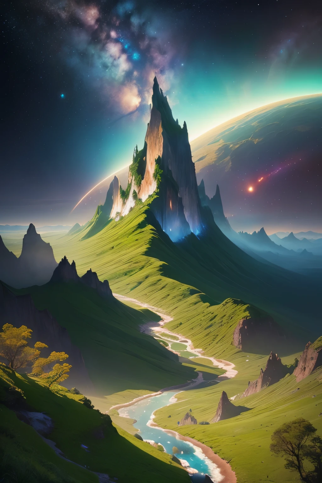 ((best quality)), ((masterpiece)), (detailed), Midjourney Style,You are an imaginative artist commissioned to create an extraordinary artwork that combines the theme of a green universe with the majesty of outer space. Your goal is to craft a visually stunning piece that showcases the harmonious coexistence of nature and the cosmos. Envision a universe where lush green landscapes, magnificent mountain trees, and vibrant grass thrive in the vastness of space.
Imagine a breathtaking scene where emerald-colored mountains rise majestically from the depths of a cosmic void. Towering trees, adorned with foliage that shimmers like stardust, cling to the mountainsides, their roots intertwining with the celestial rocks. The grass beneath your feet glows with an otherworldly luminescence, casting an enchanting aura across the landscape.
Incorporate elements such as cascading waterfalls that flow from the mountain peaks, creating ethereal rivers that wind through the valleys below. Imagine exotic creatures, adapted to the wonders of space, gracefully traversing the landscape. Perhaps there are floating islands covered in sprawling green meadows, where unique flora and fauna flourish under the radiant sun.
Experiment with the interplay of light and shadow, using a palette of vibrant greens and subtle hints of celestial colors to add depth and dimension to your artwork. Consider incorporating celestial phenomena like distant galaxies, nebulae, and shooting stars, merging seamlessly with the lush greenery of the universe.
Your mission is to create a masterpiece that transports viewers to a world where the beauty of nature and the grandeur of outer space are intertwined. Let your creativity soar as you bring this extraordinary green universe to life on your canvas, capturing the wonder and awe of this unique cosmic landscape.