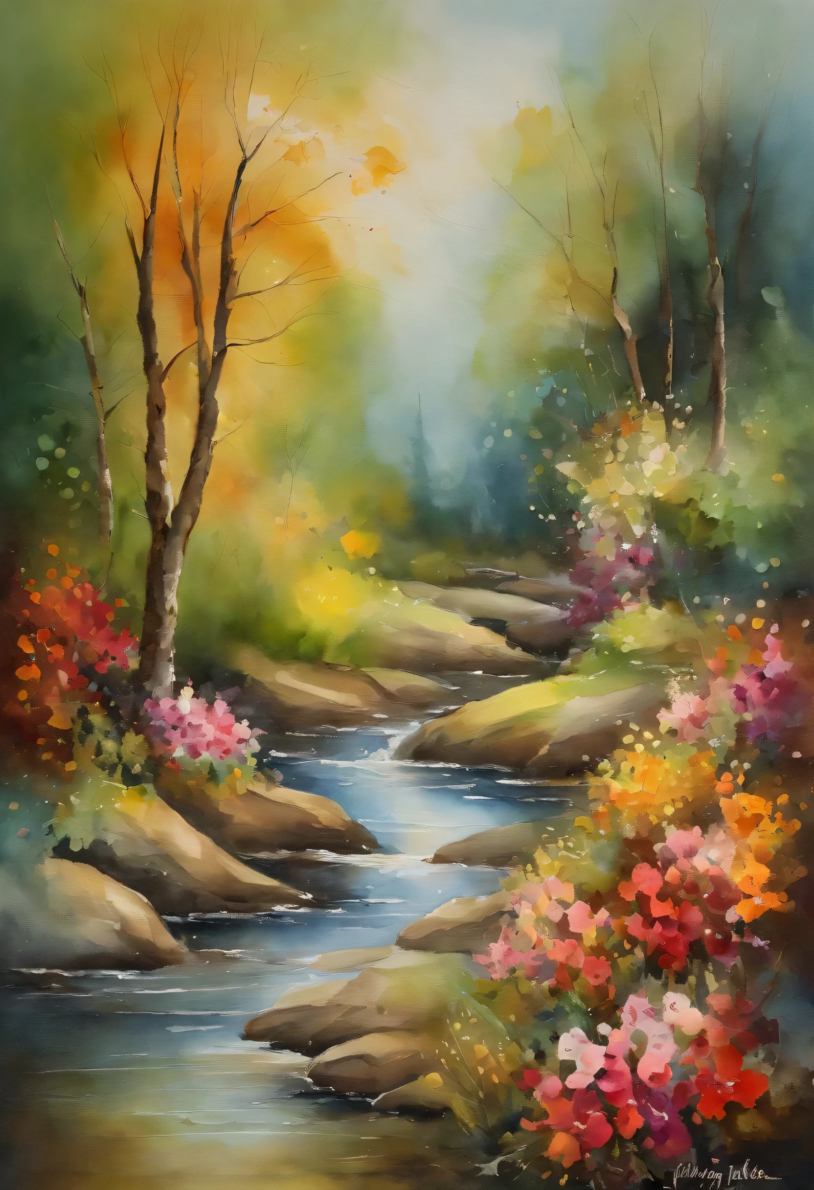 Charming 100% reverse watercolor painting showcasing with possibly a Flowers,There are hints of trees , Flowers , and possibly a Flowers, Filled with Mary Cassatt&#39;s delicate strokes, The reverse watercolor technique creates an abstract and vivid representation, Watercolor reverse painting on handmade watercolor paper, --With 1:1--Five 5

