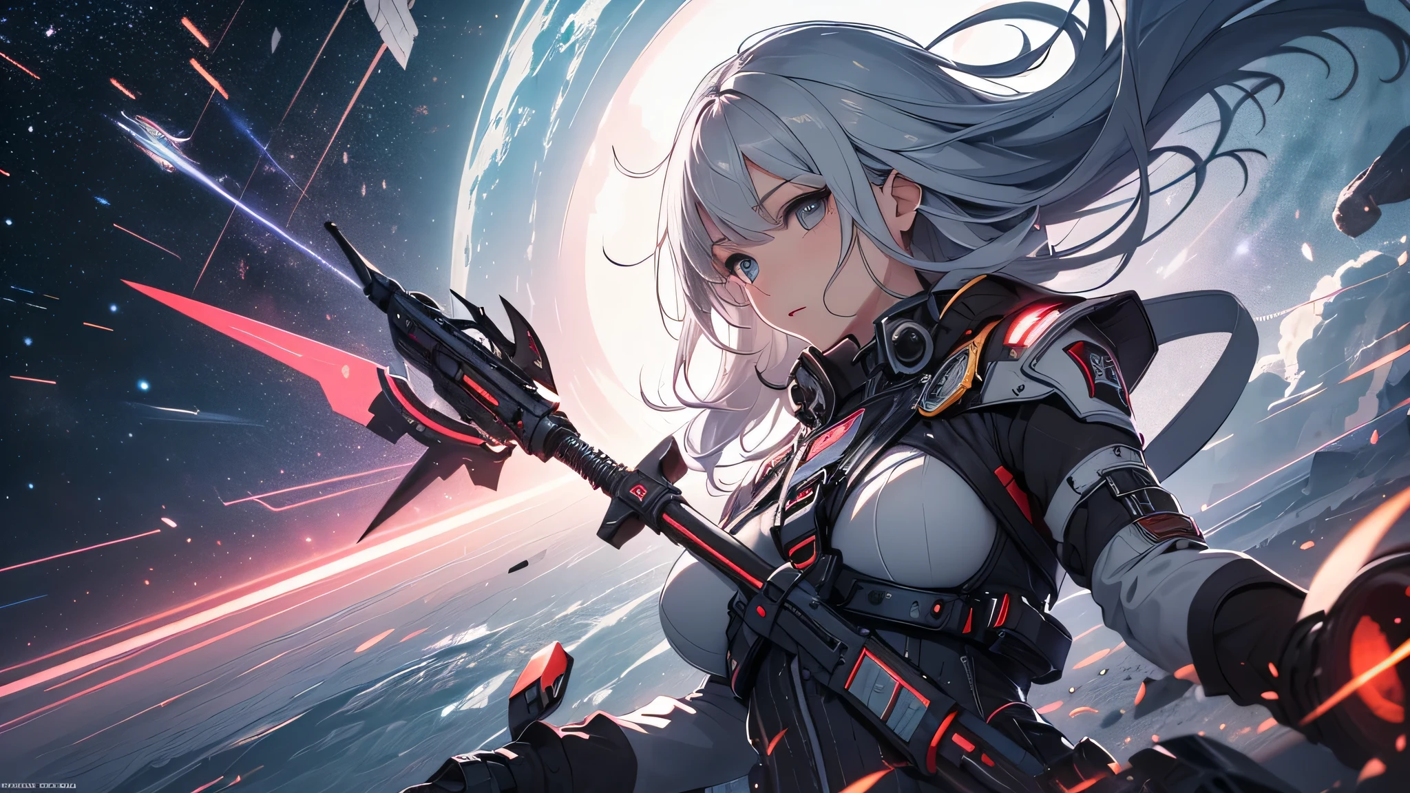 8K,2 d game。mobile game,Fighting girl in armor。Blue-gray hair,Holding weapons,Angel Maiden。Space station in the background。