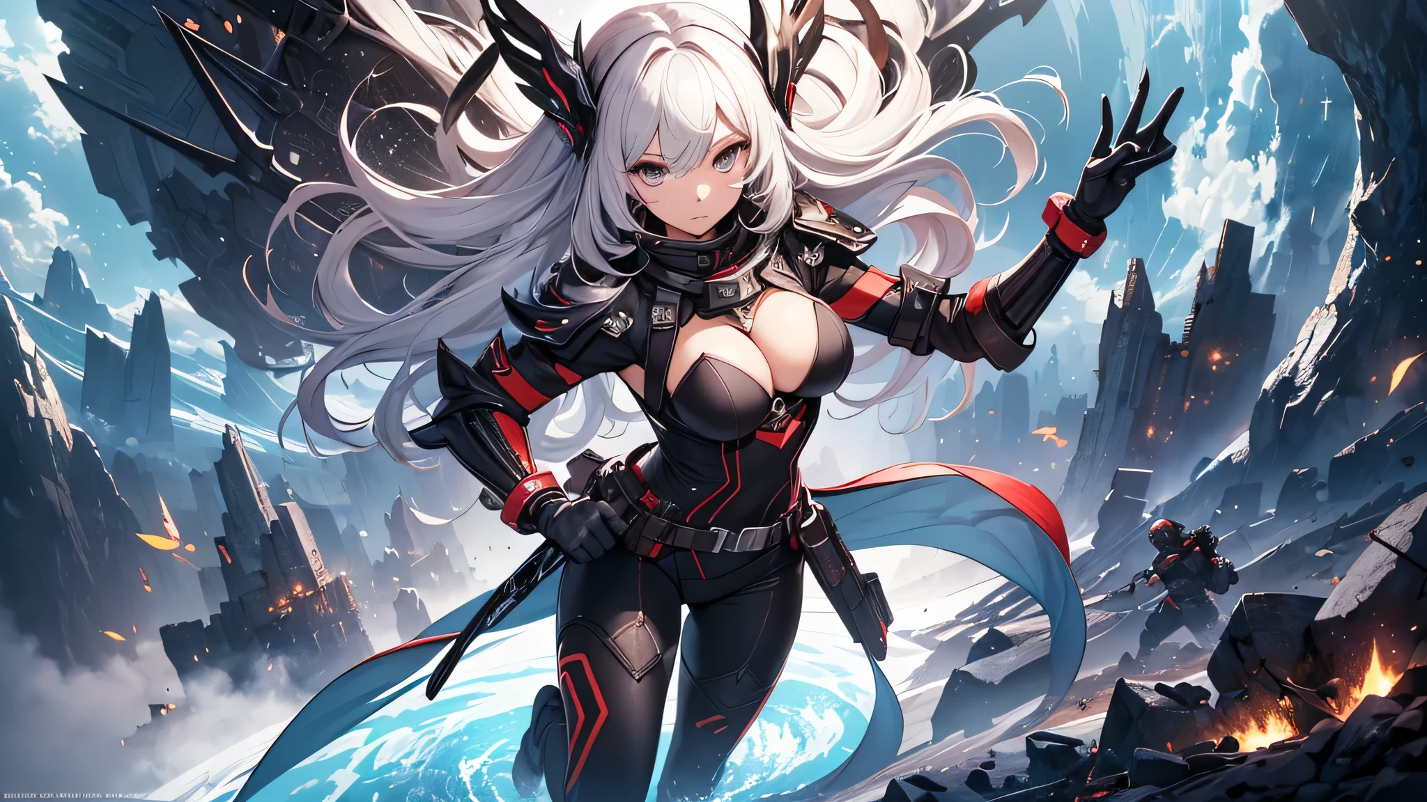 最high quality、best image quality、masterpiece、age girl((18-year-old、 By becoming、vest bust、medium bust,wide open breast tea、black eye, gray hAria、long hAria、thin,highest valley、Black Battlesuit、white arm parts、white leg parts、Holding a big sword、Glowing red wings,Aria、splatters、fighting pose)),high quality、beautiful art、background((outer space、battlefield、splattersing beams、military base))瓦礫がsplatters、Depth of written boundary、movie、visual art、perfect art、8K,genuine