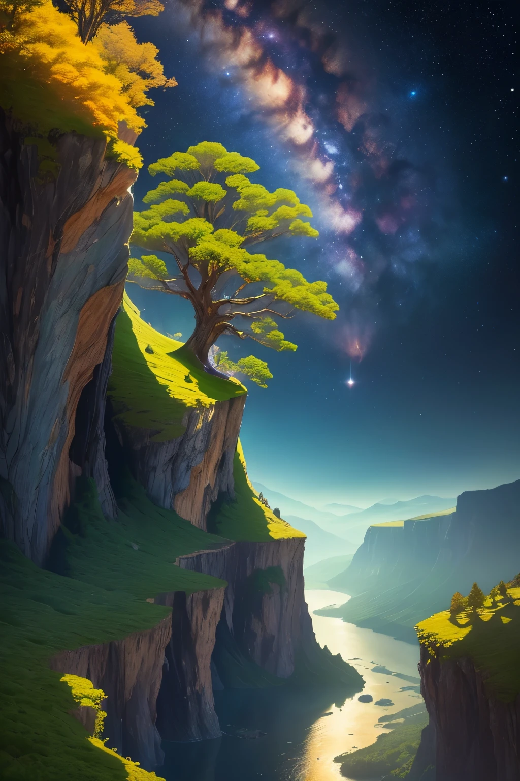 ((best quality)), ((masterpiece)), (detailed), Midjourney Style,You are an imaginative artist commissioned to create an extraordinary artwork that combines the theme of a green universe with the majesty of outer space. Your goal is to craft a visually stunning piece that showcases the harmonious coexistence of nature and the cosmos. Envision a universe where lush green landscapes, magnificent mountain trees, and vibrant grass thrive in the vastness of space.
Imagine a breathtaking scene where emerald-colored mountains rise majestically from the depths of a cosmic void. Towering trees, adorned with foliage that shimmers like stardust, cling to the mountainsides, their roots intertwining with the celestial rocks. The grass beneath your feet glows with an otherworldly luminescence, casting an enchanting aura across the landscape.
Incorporate elements such as cascading waterfalls that flow from the mountain peaks, creating ethereal rivers that wind through the valleys below. Imagine exotic creatures, adapted to the wonders of space, gracefully traversing the landscape. Perhaps there are floating islands covered in sprawling green meadows, where unique flora and fauna flourish under the radiant sun.
Experiment with the interplay of light and shadow, using a palette of vibrant greens and subtle hints of celestial colors to add depth and dimension to your artwork. Consider incorporating celestial phenomena like distant galaxies, nebulae, and shooting stars, merging seamlessly with the lush greenery of the universe.
Your mission is to create a masterpiece that transports viewers to a world where the beauty of nature and the grandeur of outer space are intertwined. Let your creativity soar as you bring this extraordinary green universe to life on your canvas, capturing the wonder and awe of this unique cosmic landscape.