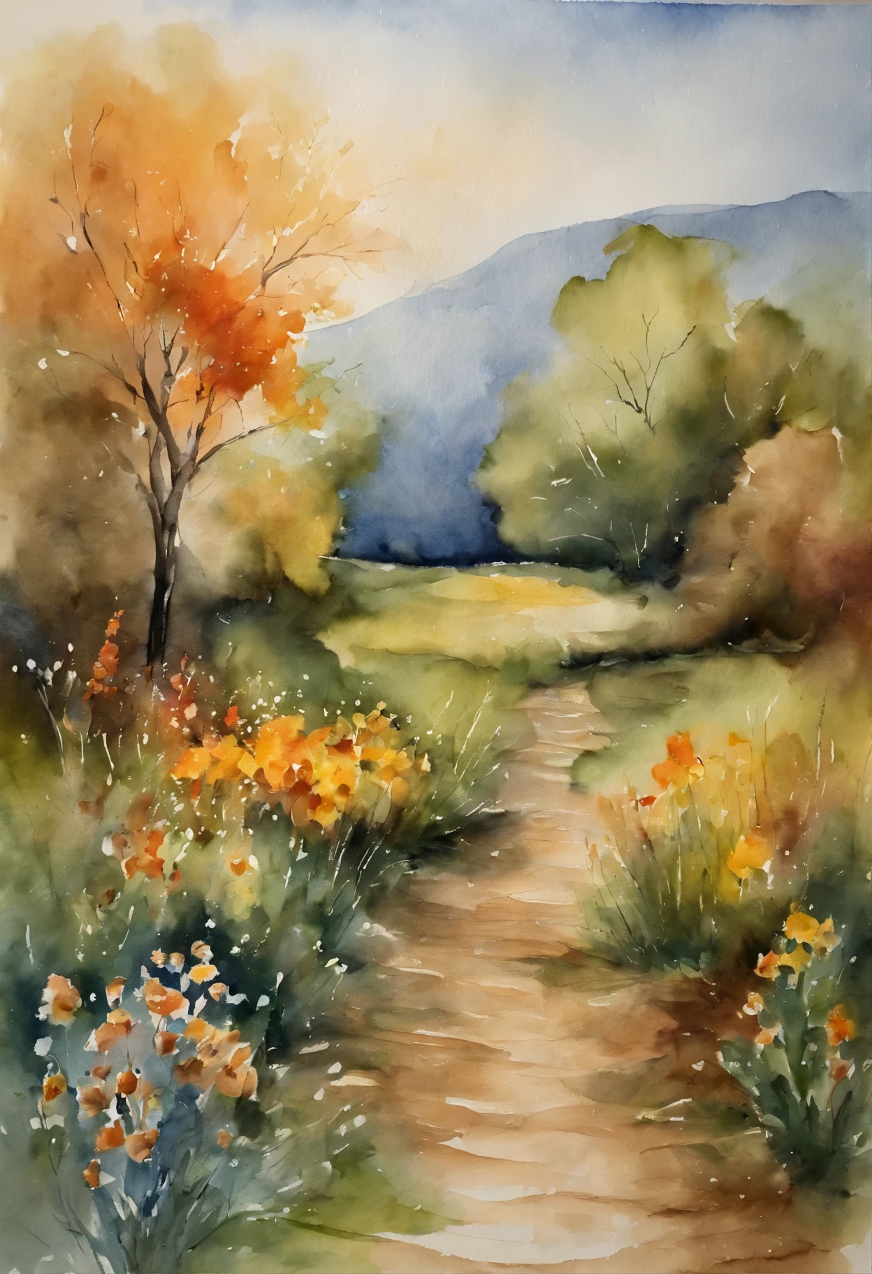 A mesmerizing 100% reverse watercolor painting showcasing with possibly a flowers,there are hints of trees , flowers , and possibly a flowers, infused with Mary Cassatt's tender strokes, the reverse watercolor technique creating an abstract and vibrant representation, Reverse watercolor painting on handmade watercolor paper, --Ar 1:1 --v 5