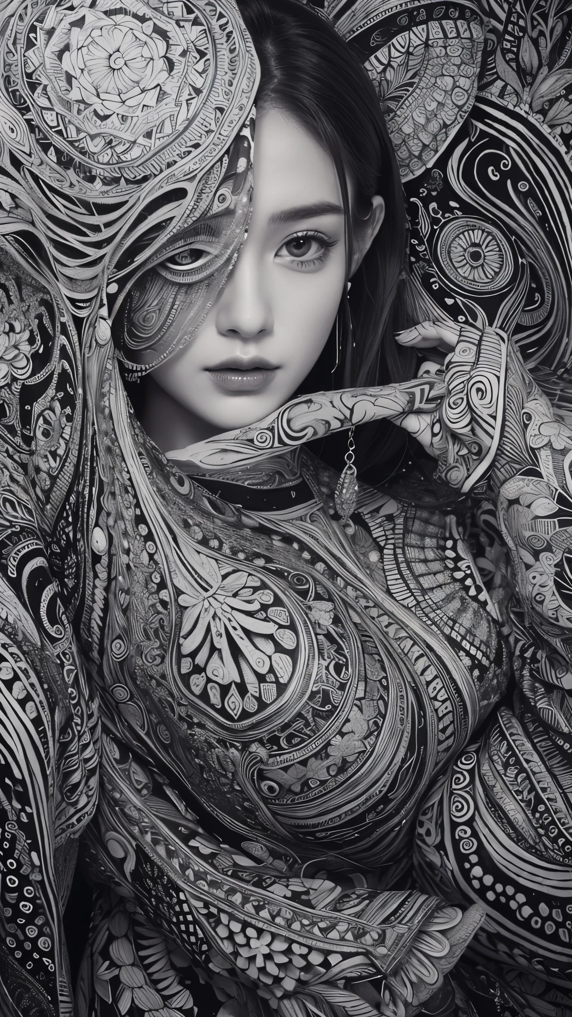 (Photo:1.3), highdetail, (Zentangle :1.3), Intricate, abstract, monochrome, patterns, meditative, highly detailed, (magical, magnificent, masterpiece:1.3), (highly detailed, high quality:1.3)