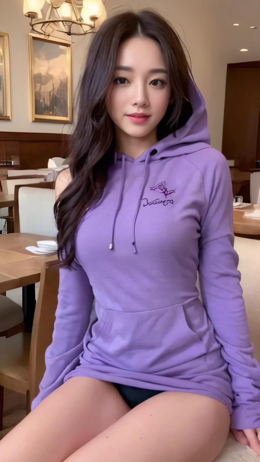 ((top-quality、8k、masterpiece:1.3))、Beautiful woman with perfect body:1.4、slim abdomen:1.2、Longhair, normal breast, Highly detailed facial and skin texture, A detailed eye, delicate eyes, (smile), (full body shot), ((restaurant)), (sitting on chair), (((wearing purple hooded))), looking in front