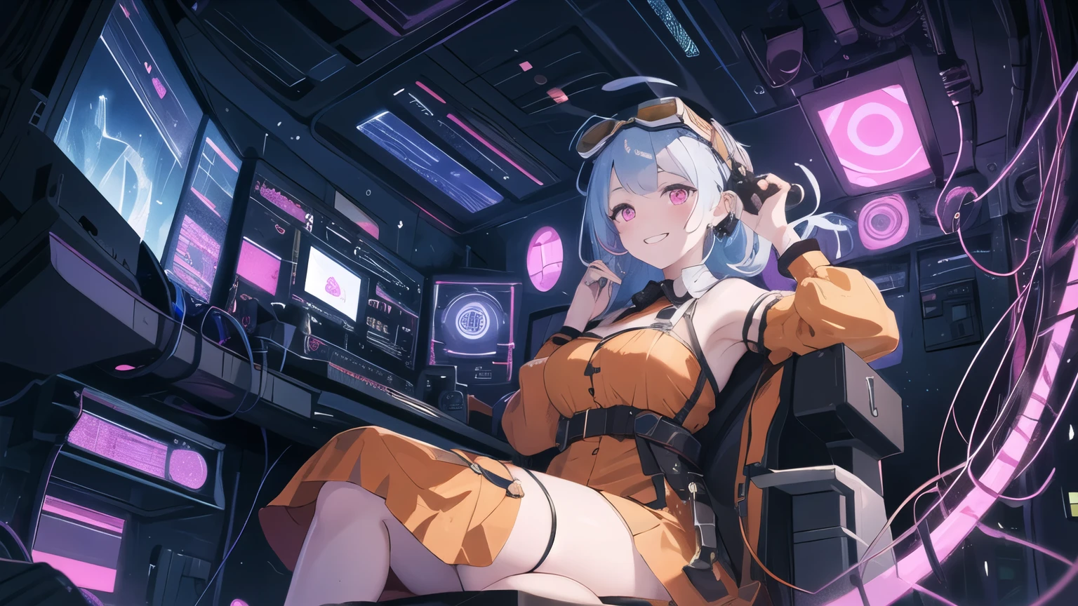 1girl, solo, 25 years old, perfect face, wearing orange dress(intricate ornamentation), wild violet-blue hair, ahoge, pink eyes(neon glow), goggles on head, grinning, blushing, thick adult body, voluptuous, pale skin(cadaverous complexion), hands hidden in sleeves,wires extending, wire plugged into neck, wet skin, chiaroscuro, clockwork, steampunk spaceship cockpit, laying on leather pilot seat, from below, cosmic, magic circle on monitors, Goetic formulae on monitors, stars outside, absurdes, high res, ultrasharp, 8k, best quality, masterpiece, looking at viewer, 
