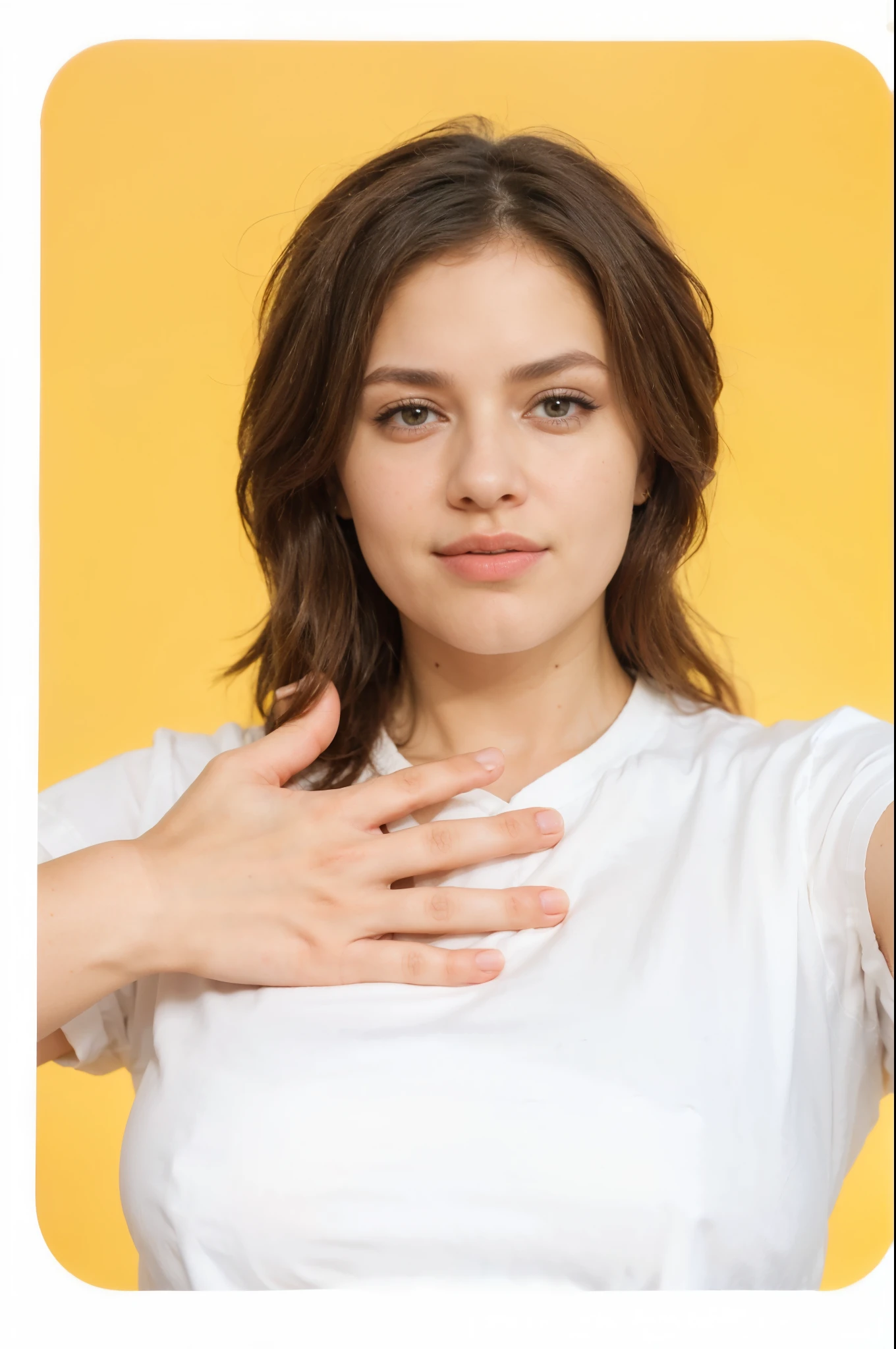 sofia with a white shirt and a hand on her chest, hands behind her pose, heavy gesture closeup, photo shoot, her right arm is on her chest, 8k