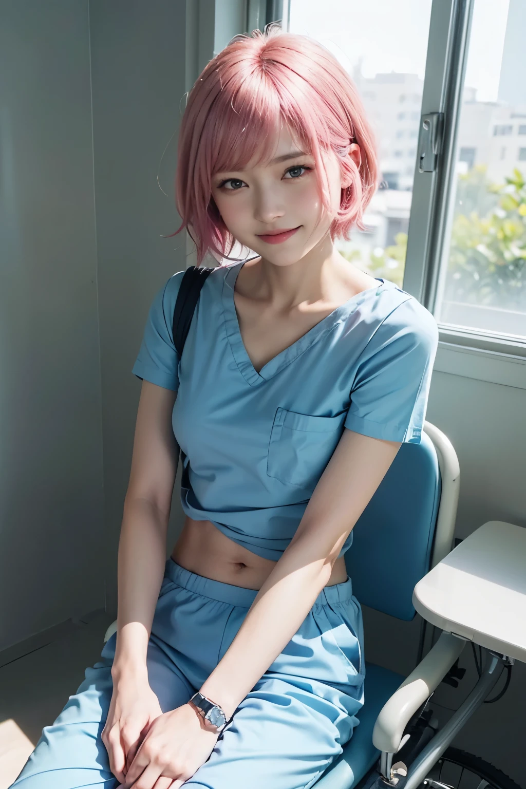 (8K, top-quality, masterpiece:1,2), (reallistic, Photorealsitic:1.37), Super Detail, One girl,), (Highly detailed), (beautifully detailed eyes), (of the highest quality), (super detailed ), (masterpiece), (Detailed face),20yr old, ,1 girl, ((pink hair,Very short hair)), medium breasts, clothed, Perfect Lighting, BREAK (light blue scrubs:1.3), V-neck, pocket on chest, (light blue scrub pants:1.3), elastic waist, (white ankle socks:1.2), (white sneakers :1.2), name tag, badge, simple watch, simple ring, BREAK upper body to knees, pink very short hair, bangs on left side, right side tucked behind ear, smiling at camera, sparkling eyes, right arm around patient’s shoulder, left hand holding patient’s hand, patient in wheelchair, hospital rehabilitation room, window with bright sunlight, natural light as main source, soft shadow on face