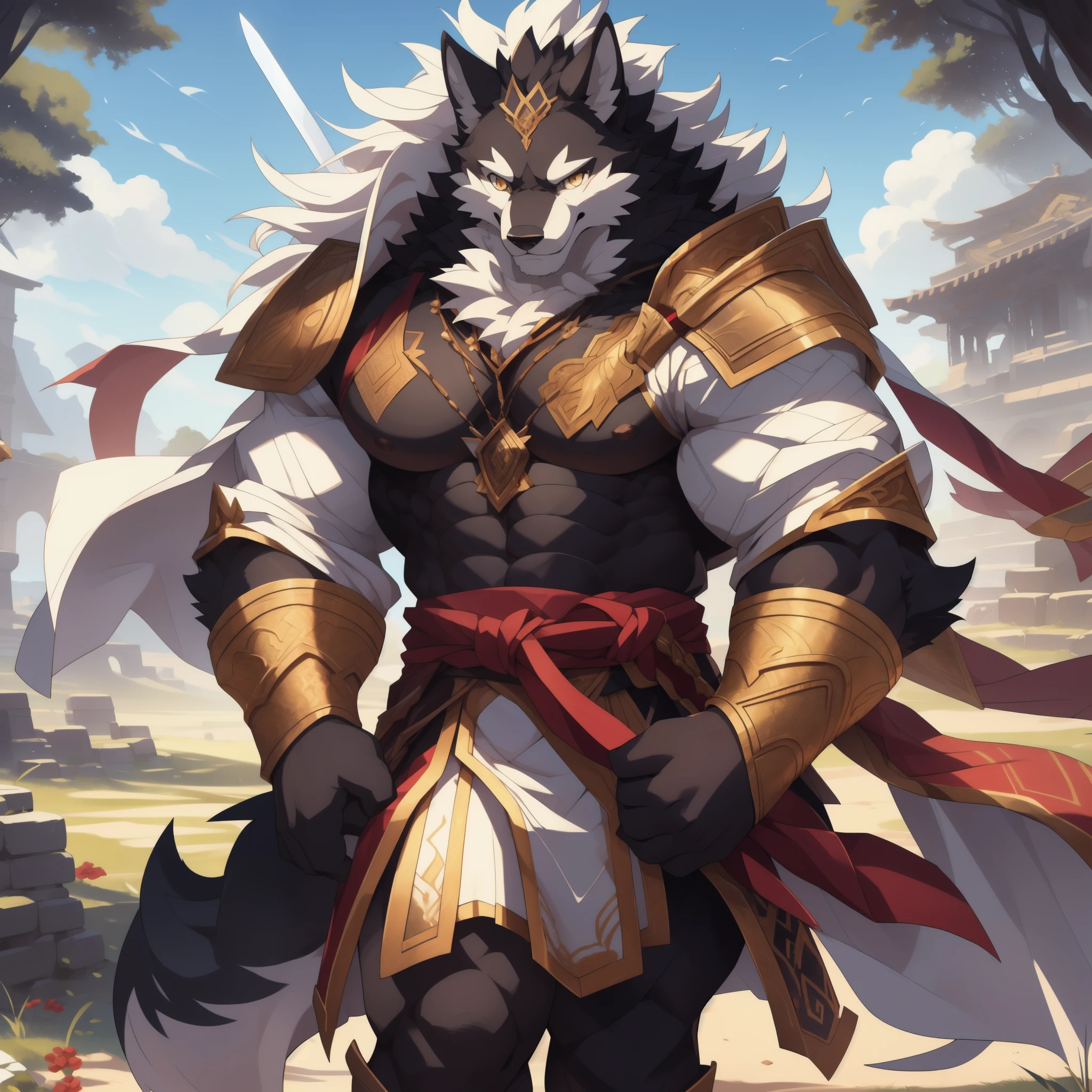 Master masterpieces，Western art，photorealestic，Furry art！！！，male people，musculature，Perfect figure，Higher height，Anthropomorphic wolf，Fluffy hair，Black fur，Black face，White ears, Elaborate Eyes，gold eyes，white  clothes，decorated in white，long sword，depth of fields，Perfect body，light particules，best qualtiy，tmasterpiece，Hyper-detailing，Sharp focus，light particules，battleground background，A high resolution，fluffy body，serious，energy，Visual energy，Slash and kill enemies，Consistent with the structure of the human body，Handsome，divino, muscular, bodybuilder,