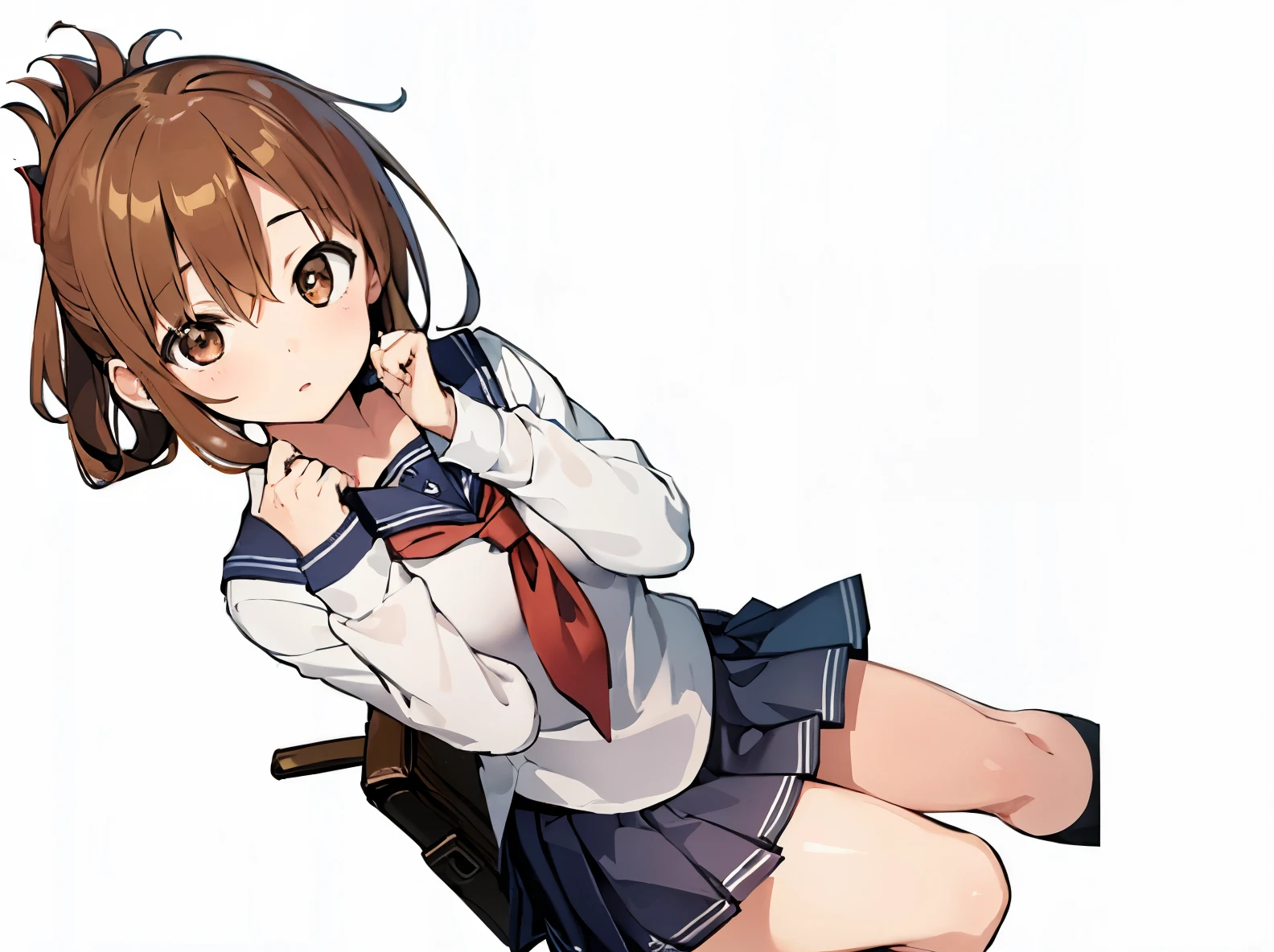 (masterpiece, highest quality:1.2),figure,8K,HD,1 girl,alone,Brown_hair,folded_ponytail,Brown_eye,serafuku,length_hair,School_uniform,skirt,pleats_skirt