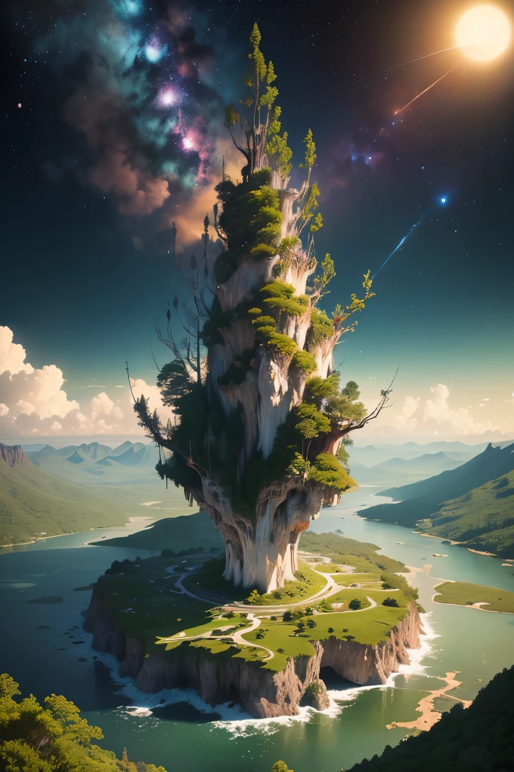 ((best quality)), ((masterpiece)), (detailed), Midjourney Style,You are an imaginative artist commissioned to create an extraordinary artwork that combines the theme of a green universe with the majesty of outer space. Your goal is to craft a visually stunning piece that showcases the harmonious coexistence of nature and the cosmos. Envision a universe where lush green landscapes, magnificent mountain trees, and vibrant grass thrive in the vastness of space.

Imagine a breathtaking scene where emerald-colored mountains rise majestically from the depths of a cosmic void. Towering trees, adorned with foliage that shimmers like stardust, cling to the mountainsides, their roots intertwining with the celestial rocks. The grass beneath your feet glows with an otherworldly luminescence, casting an enchanting aura across the landscape.

Incorporate elements such as cascading waterfalls that flow from the mountain peaks, creating ethereal rivers that wind through the valleys below. Imagine exotic creatures, adapted to the wonders of space, gracefully traversing the landscape. Perhaps there are floating islands covered in sprawling green meadows, where unique flora and fauna flourish under the radiant sun.

Experiment with the interplay of light and shadow, using a palette of vibrant greens and subtle hints of celestial colors to add depth and dimension to your artwork. Consider incorporating celestial phenomena like distant galaxies, nebulae, and shooting stars, merging seamlessly with the lush greenery of the universe.

Your mission is to create a masterpiece that transports viewers to a world where the beauty of nature and the grandeur of outer space are intertwined. Let your creativity soar as you bring this extraordinary green universe to life on your canvas, capturing the wonder and awe of this unique cosmic landscape.