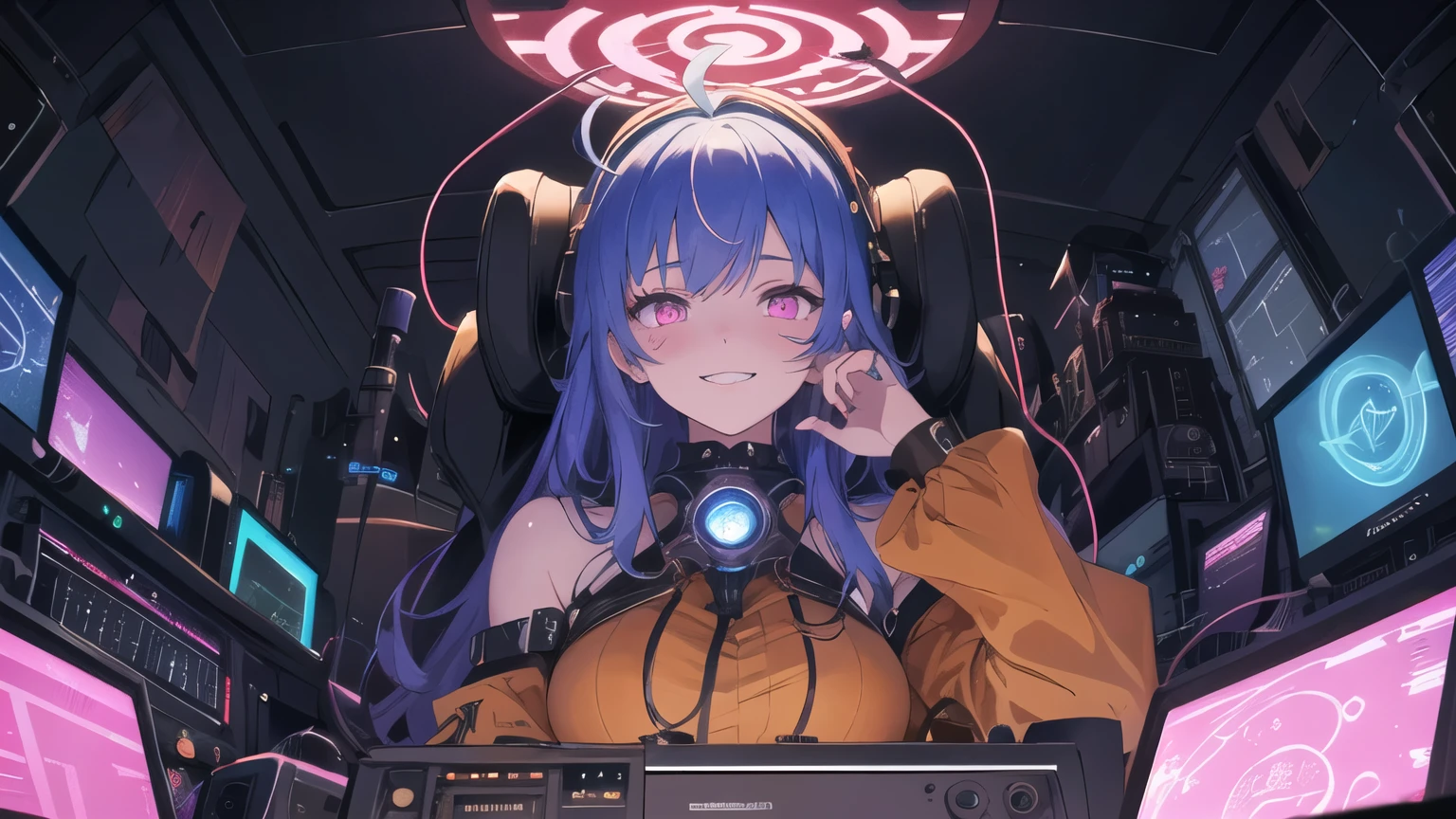 1girl, solo, 25 years old, perfect face, wearing orange dress(intricate ornamentation), wild violet-blue hair, ahoge, pink eyes(neon glow), goggles on head, grinning, blushing, thick adult body, voluptuous, pale skin(cadaverous complexion), hands hidden in sleeves,wires extending, wire plugged into neck, wet skin, chiaroscuro, clockwork, steampunk spaceship cockpit, laying on leather pilot seat, from below, cosmic, magic circle on monitors, Goetic formulae on monitors, stars outside, absurdes, high res, ultrasharp, 8k, best quality, masterpiece, looking at viewer, 
