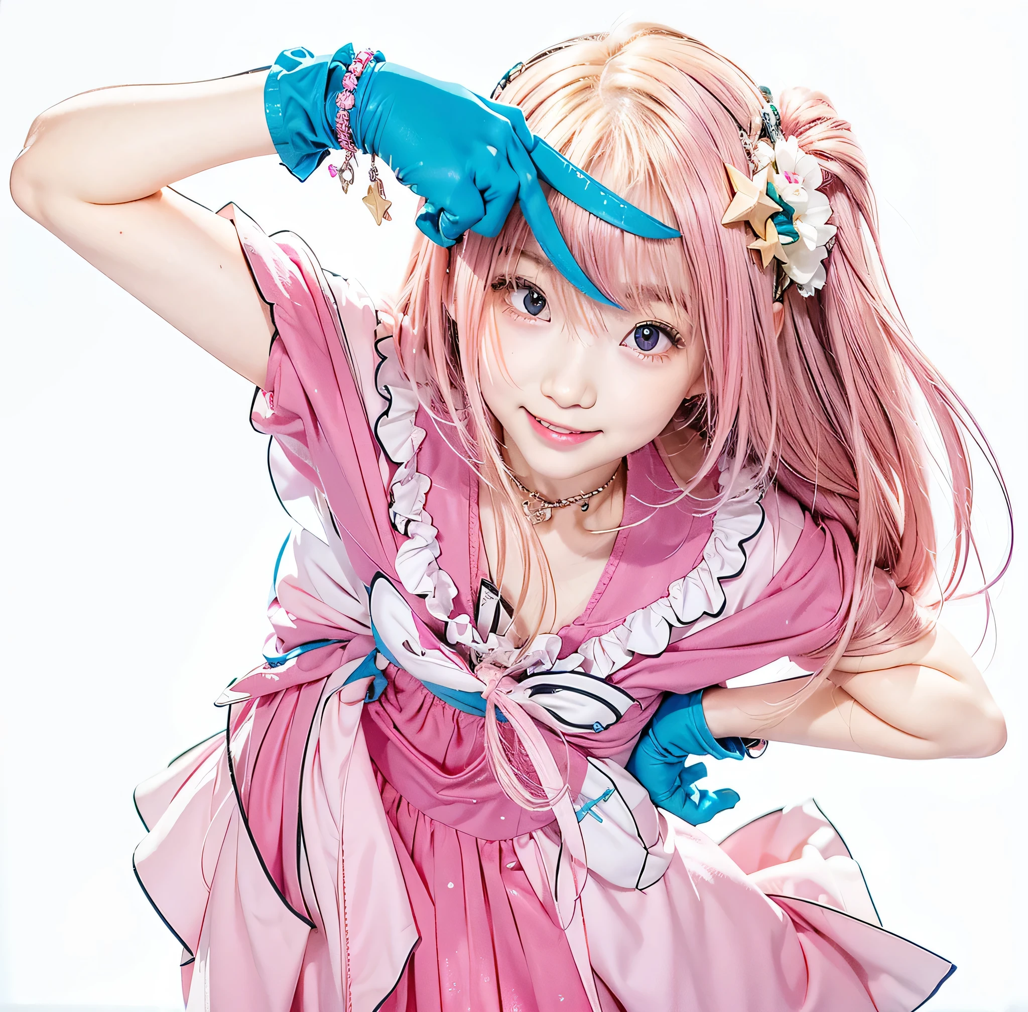 I push the child, Hoshino Rohi, long golden hair, pink hair tail, red star eye, blue gloves, Pink bracelet, pink stage costume, smile at the audience, star headdress