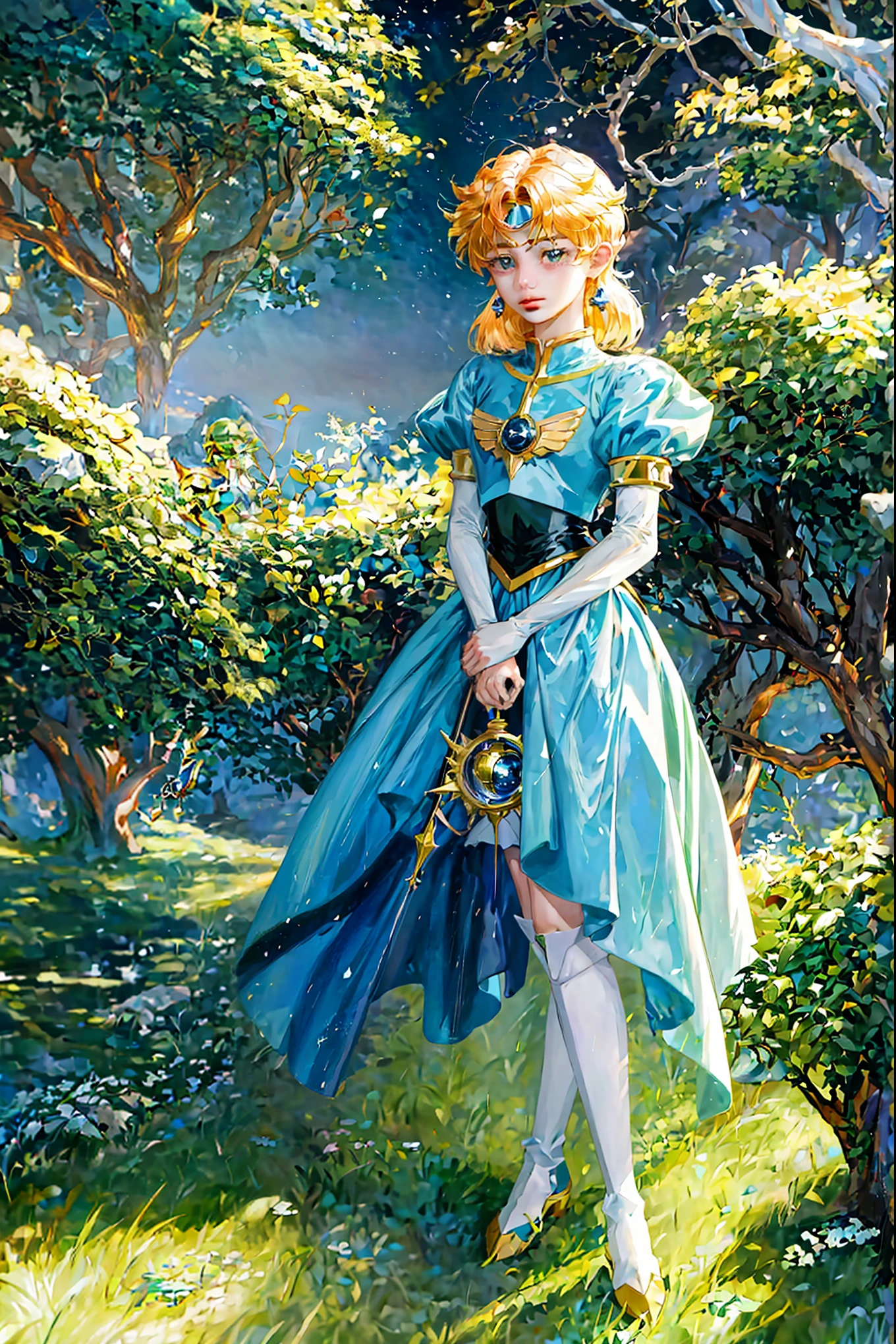 absurdres masterpiece colorful high quality a close up of a female character in magic knight rayearth anime series with random color pantone details, timid girl, silent facial expression, anime series, detailed outfit, detailed scenery