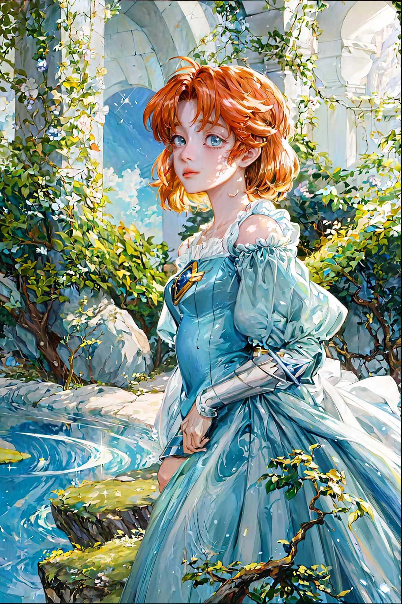 absurdres masterpiece colorful high quality a close up of a female character in magic knight rayearth anime series with random color pantone details, timid girl, silent facial expression, anime series, detailed outfit, detailed scenery