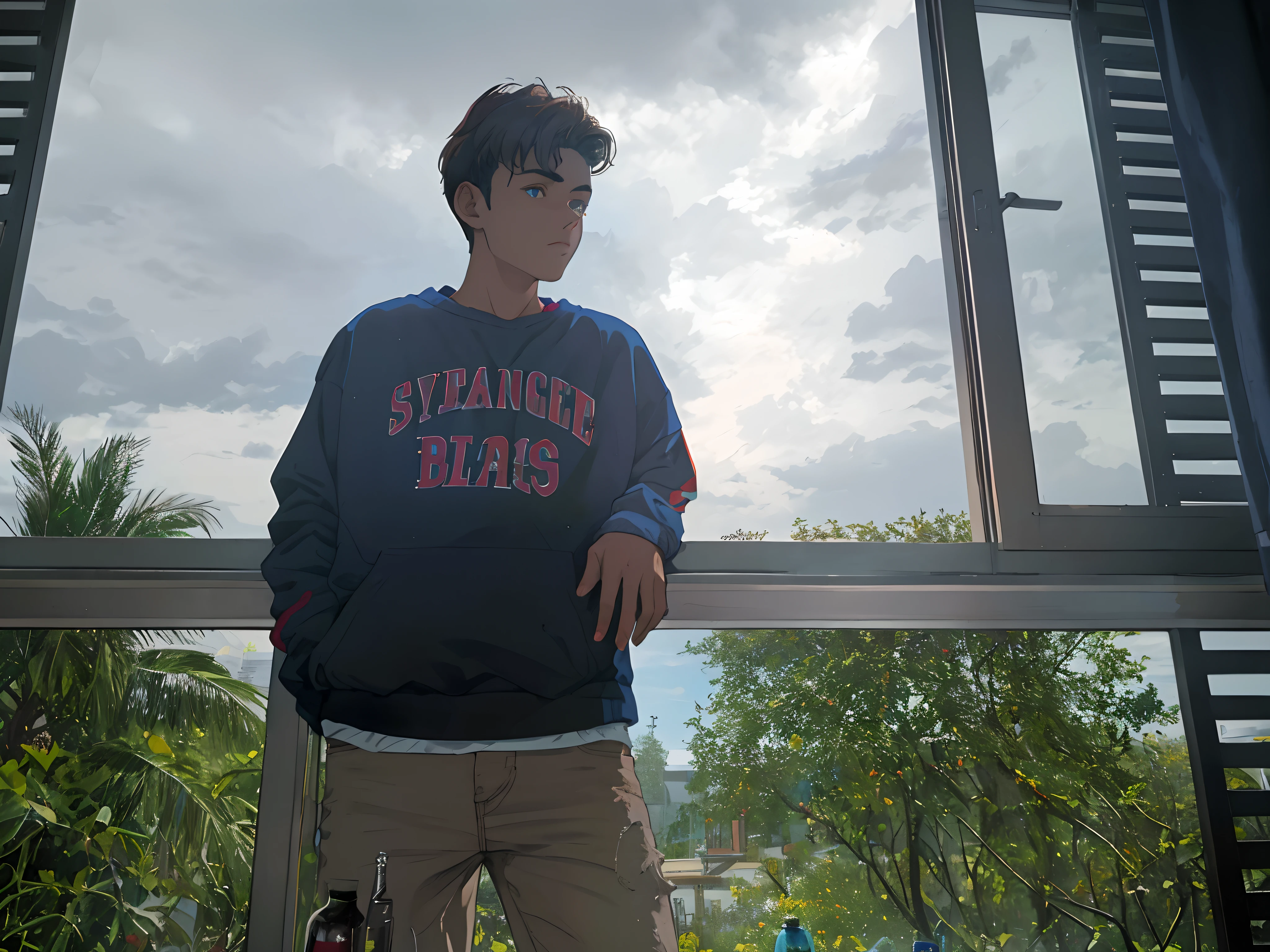 masterpiece, best quality, 1990s \(style\) solo boy with dark brown hair, blue jacket with serene face, dark red sweatshirt jacket and black shirt, jeans fulfilled, 14 years old, teenager, shelf of a bar with bottles in the background,fix eyes