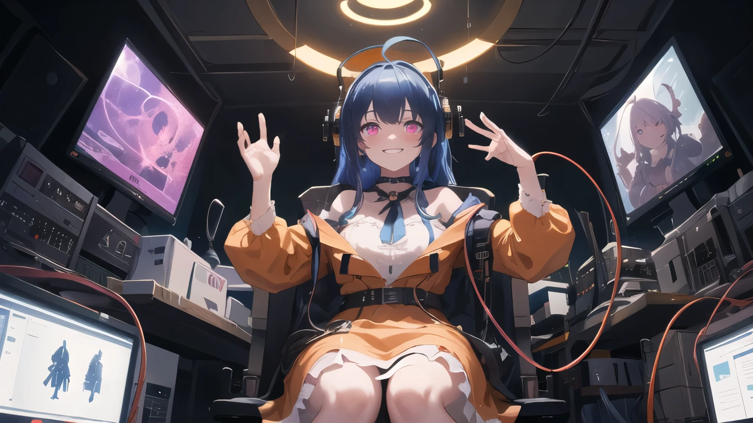 1girl, solo, 25 years old, perfect face, wearing orange dress(intricate ornamentation), wild violet-blue hair, ahoge, pink eyes(neon glow), goggles on head, grinning, blushing, thick adult body, voluptuous, pale skin(cadaverous complexion), hands hidden in sleeves,wires extending, wire plugged into neck, wet skin, chiaroscuro, clockwork, steampunk spaceship cockpit, laying on leather pilot seat, from below, cosmic, magic circle on monitors, Goetic formulae on monitors, Enochian symbols on monitors, stars outside, absurdes, high res, ultrasharp, 8k, best quality, masterpiece, looking at viewer, 
