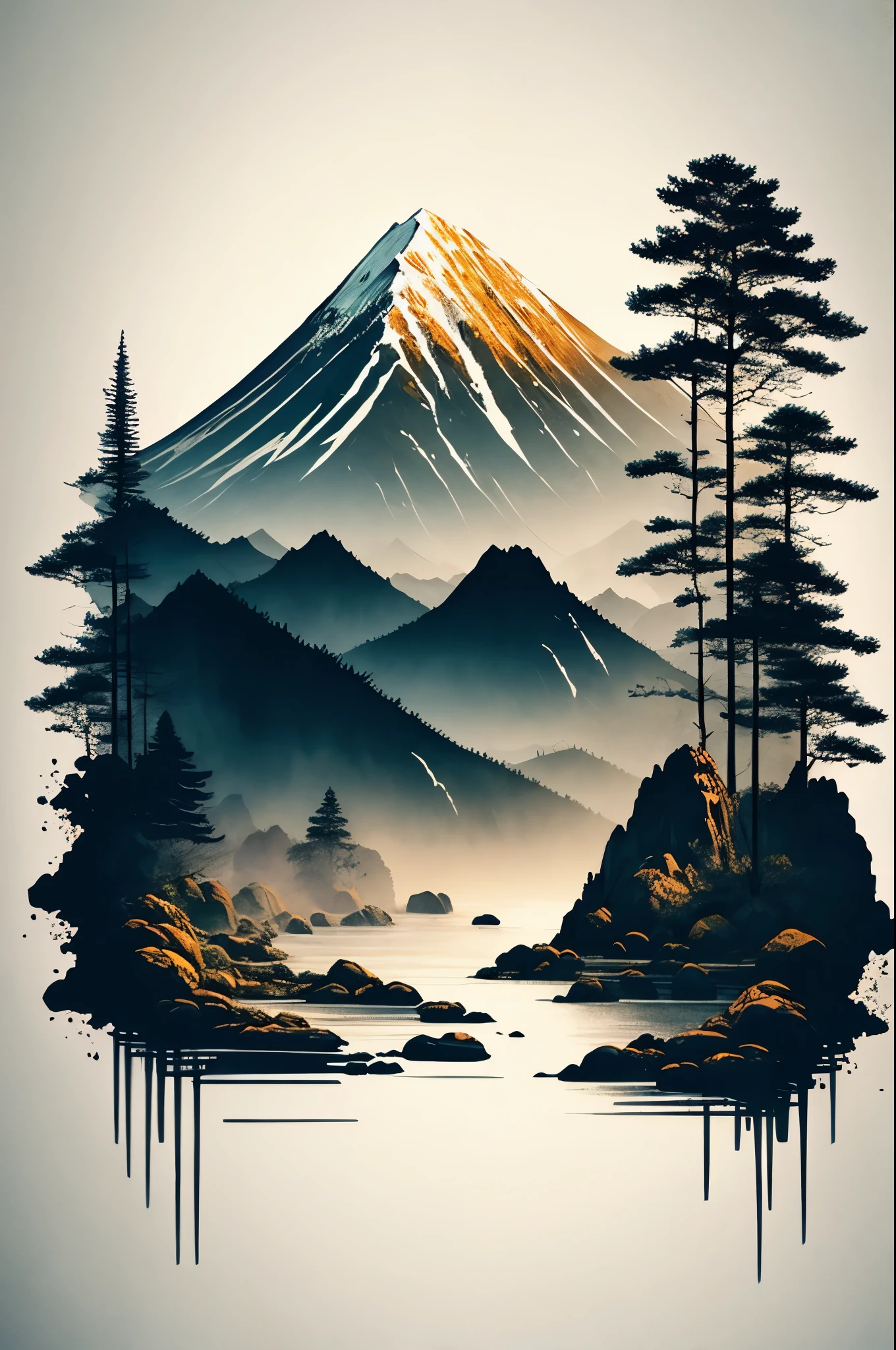 white background, scenery, ink, Mount Everest mountains, water, trees