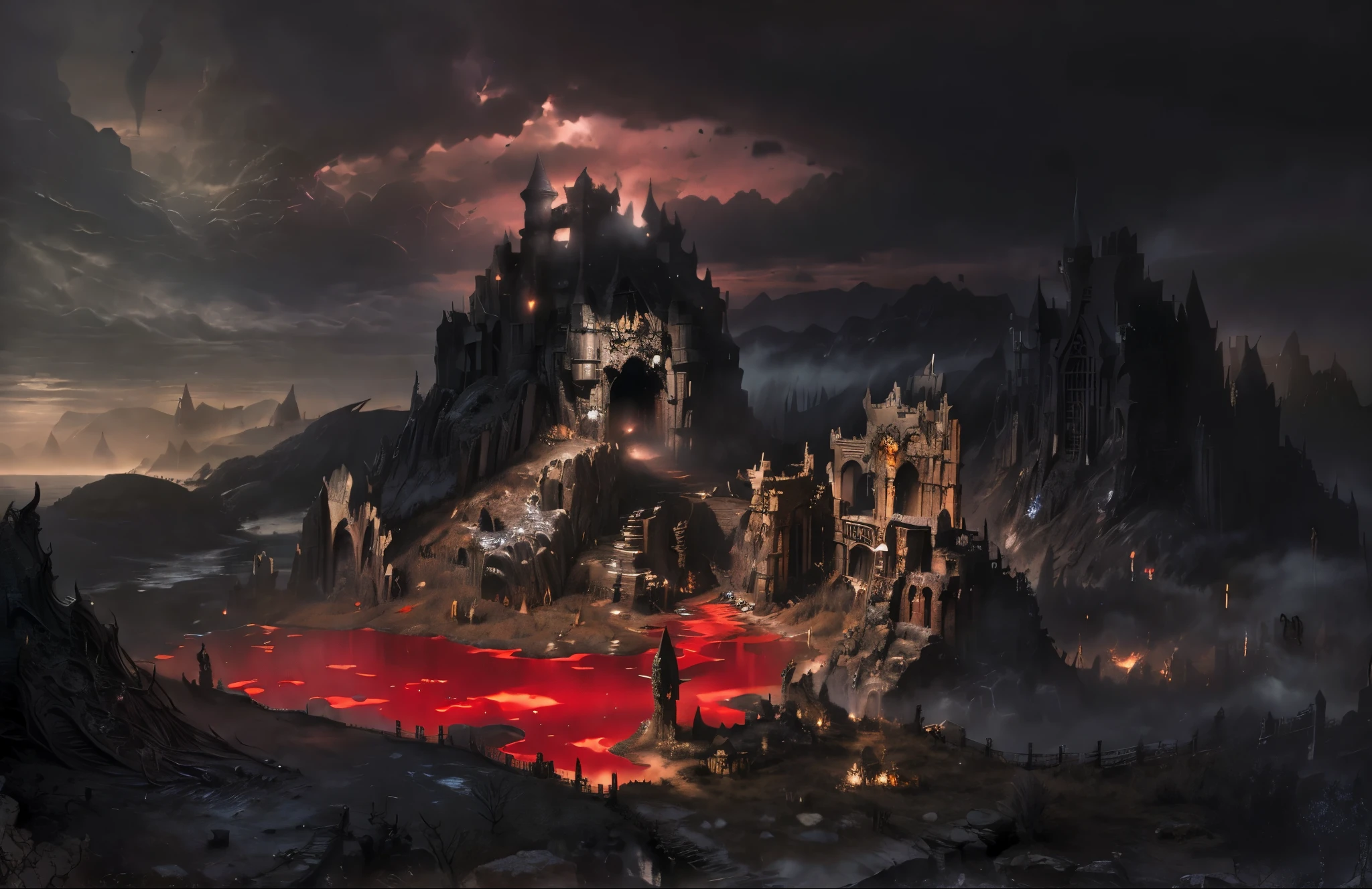 Fantasy RPG urban style, close up angle,Aerial view taken from drone from top to bottom,Big overlook,Dark style,Horror atmosphere,lifeless,Dark magic,broad perspective,Panorama, Bloody lake in the black forest,a lake full of blood,crimson lake,There are many irregular stone pillars around the lake,Ruined stone pillars,Ruins at night,A medieval ruin,There is a scary cave in the mountain in the distance,cave in mountain,cave,Midnight,In the dark,dim lights,black sky,Mysterious continent,Many remains of medieval civilian residences,Dark style,Dark magic森林,(巨大的Dark magic从西方发芽:1.2), (The air is filled with black necromancy.:1.2), fire, Ice and thunder, dungeons and dragons, final fantasy, game art, (Coherent architecture and exterior design, Has realistic proportions and textures, intricate details, Hand Painted, energetic, Cinema lighting, masterpiece, 8k:1.2),world map,In the middle of the map is the Holy City (best quality, 4K, high resolution, masterpiece:1.2), Super detailed, actual:1.37 illustrations, Aged canvas texture, colorful, dramatic lighting cobblestone streets with overgrown flora, rundown buildings,with crumbling walls,Broken windows (Majestic castle:1.1) On the hill overlooking the town, Busy market square with towering turrets and drawbridge,Merchants sell magical artifacts and exotic goods, Surrounded by medieval buildings,A group of adventurers gathered around a map, plan their next mission, Various clothing and weapons smoke rising from ruined buildings, implies the most recent and (battle damaged:0.9) Stone wall and scattered debris, depicts the aftermath of a fierce battle,Mechanical weapons feature intricate carvings and ornate decorations, The fantastical nature of the gears and gears of the institution are shown in detail, Revealing its complex inner workings (mysterious creature:1.1) wandering the streets, Such as dragons flying overhead or elves blending into the shadows for a sense of mystery and adventure, Hidden nooks and crannies invite exploration, The scene depicts a devastated medieval town, With a protruding mechanism similar to a machine gun as the core. The artwork exudes a fantasy RPG atmosphere, with close up angles capturing the intricate details of the environment. The high-quality image showcases actual textures and colors, Lighting adds a dramatic air to the scene. The town is full of dilapidated buildings, overgrown flora, and a Majestic castle overlooking the chaos. The Market Square offers a glimpse into the town's diverse residents and adventurers preparing for their next quest. The work incorporates fantasy elements, like mythical creatures, Enhances sense of wonder and adventure.