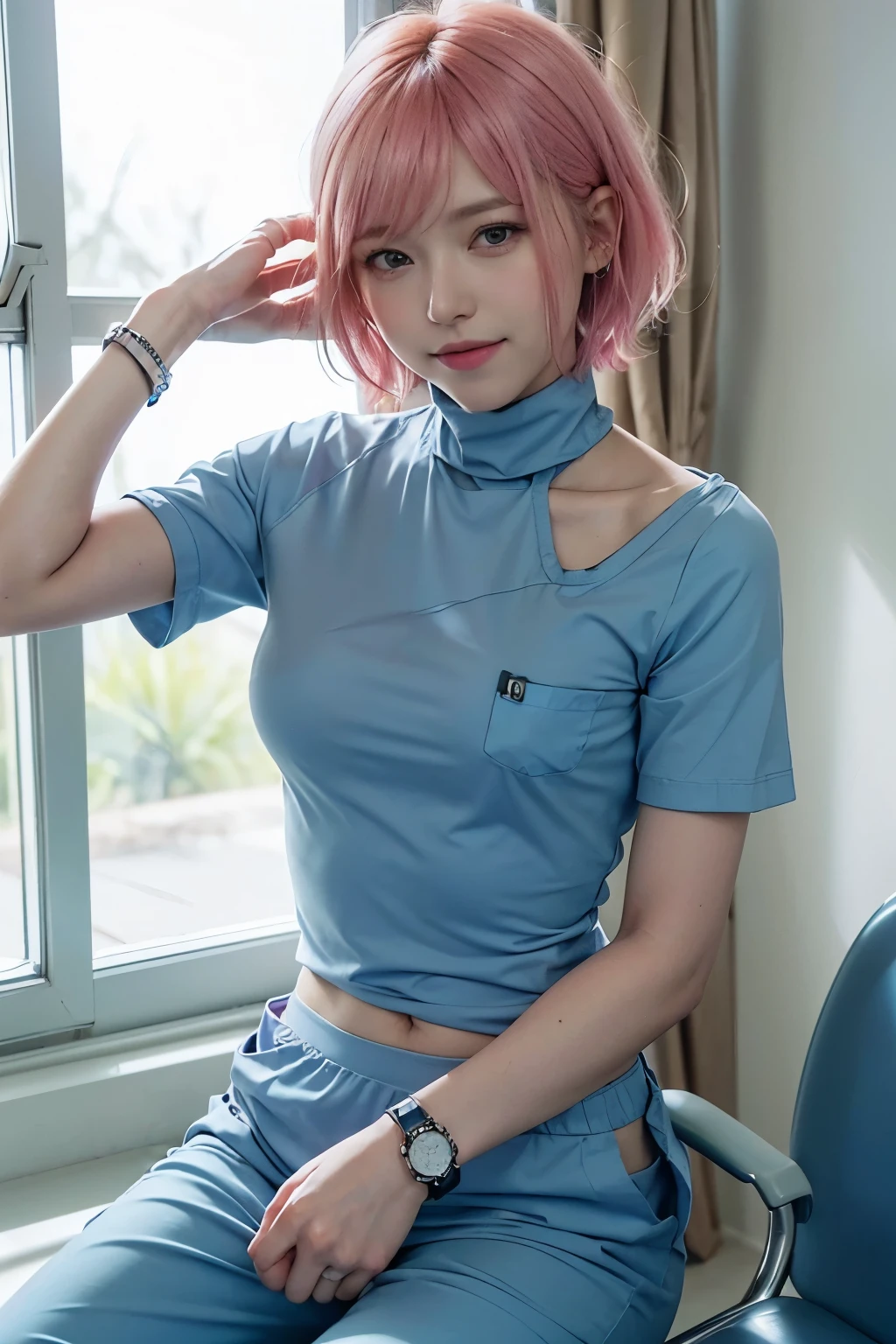 (8K, top-quality, masterpiece:1,2), (reallistic, Photorealsitic:1.37), Super Detail, One girl,), (Highly detailed), (beautifully detailed eyes), (of the highest quality), (super detailed ), (masterpiece), (Detailed face),20yr old, ,1 girl, ((pink hair,Very short hair)), medium breasts, clothed, Perfect Lighting, BREAK (light blue scrubs:1.3), turtleneck, pocket on chest, (light blue scrub pants:1.3), elastic waist, (white ankle socks:1.2), (white sneakers :1.2), name tag, badge, simple watch, simple ring, BREAK upper body to knees, pink very short hair, bangs on left side, right side tucked behind ear, smiling at camera, sparkling eyes, right arm around patient’s shoulder, left hand holding patient’s hand, patient in wheelchair, hospital rehabilitation room, window with bright sunlight, natural light as main source, soft shadow on face