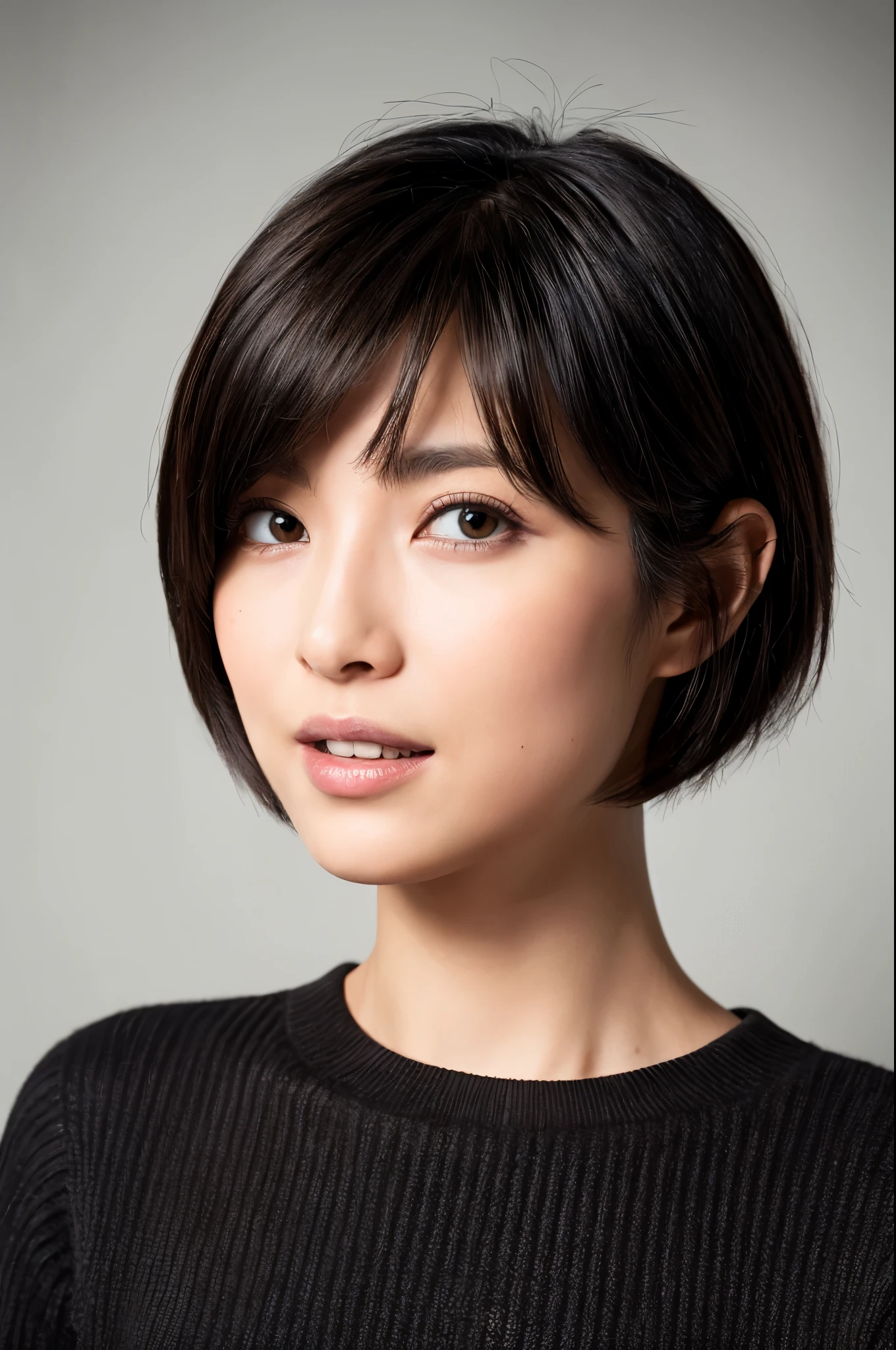 ((Front view)),(Masterpiece:1.3), (8K, Photorealistic, RAW photo, Best quality: 1.4), White background ,Be happy, A Skinny Japanese lady, Show your teeth,(1girl), Beautiful face, (Realistic face), (Black hair, Short hair:1.3), Beautiful hairstyle, Realistic eyes, Beautiful detailed eyes, (Realistic skin), Beautiful skin, (Black sweater), Attractive, Ultra photo realsisim, Highly detailed, Golden ratio