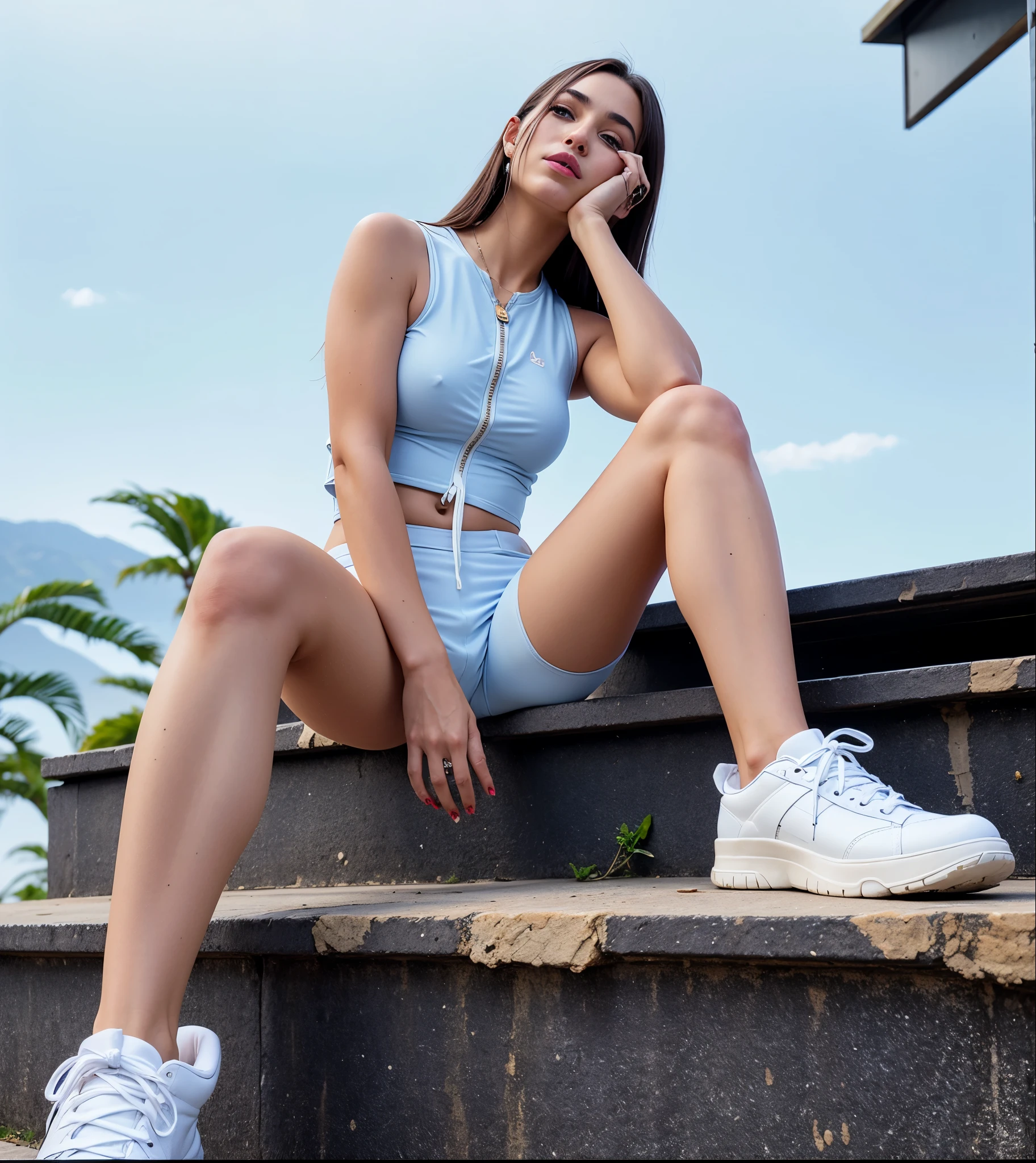Araffe sentada em um degrau de madeira com as pernas cruzadas, vestida com top e shorts, sentada em um telhado, pale roupa azul, roupa azul, senta em um telhado, tons de azul claro e branco, Retrato de Sophie Mudd, Kailee Mandel, blue sky, crop top e shorts, sutiã e shorts streetwear, pernas tonificadas, parece realista