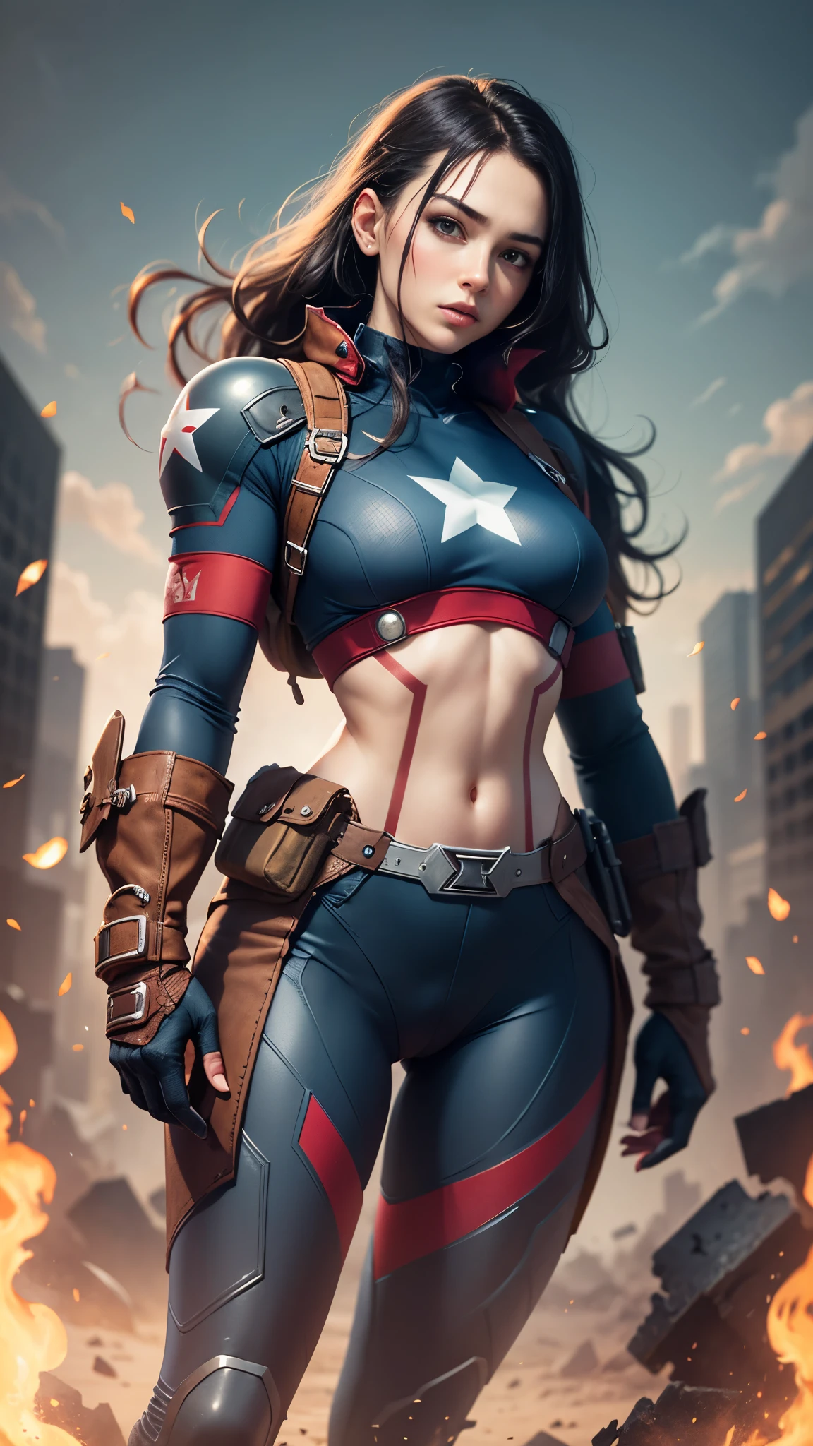 Nijistyle, muscular superheroine, corpo perfeito e proporcional, pose sexy, corpo inteiro, estrelas de 5 pontas, garota sorridente de cabelo super curto loiro, American influence, wearing Captain America's outfit, Michael Creese, usando um escudo redondo, Michael Hussar, fundo branco, short cut, roupa azul vermelho e branco, melhor qualidade, alta qualidade, foto editorial, absurdres, obra-prima, detalhe intrincado, grain of film, suas delicadas faculdades humanas seguram as notas ilustradas 2D, detalhe 4k, passo a passo
