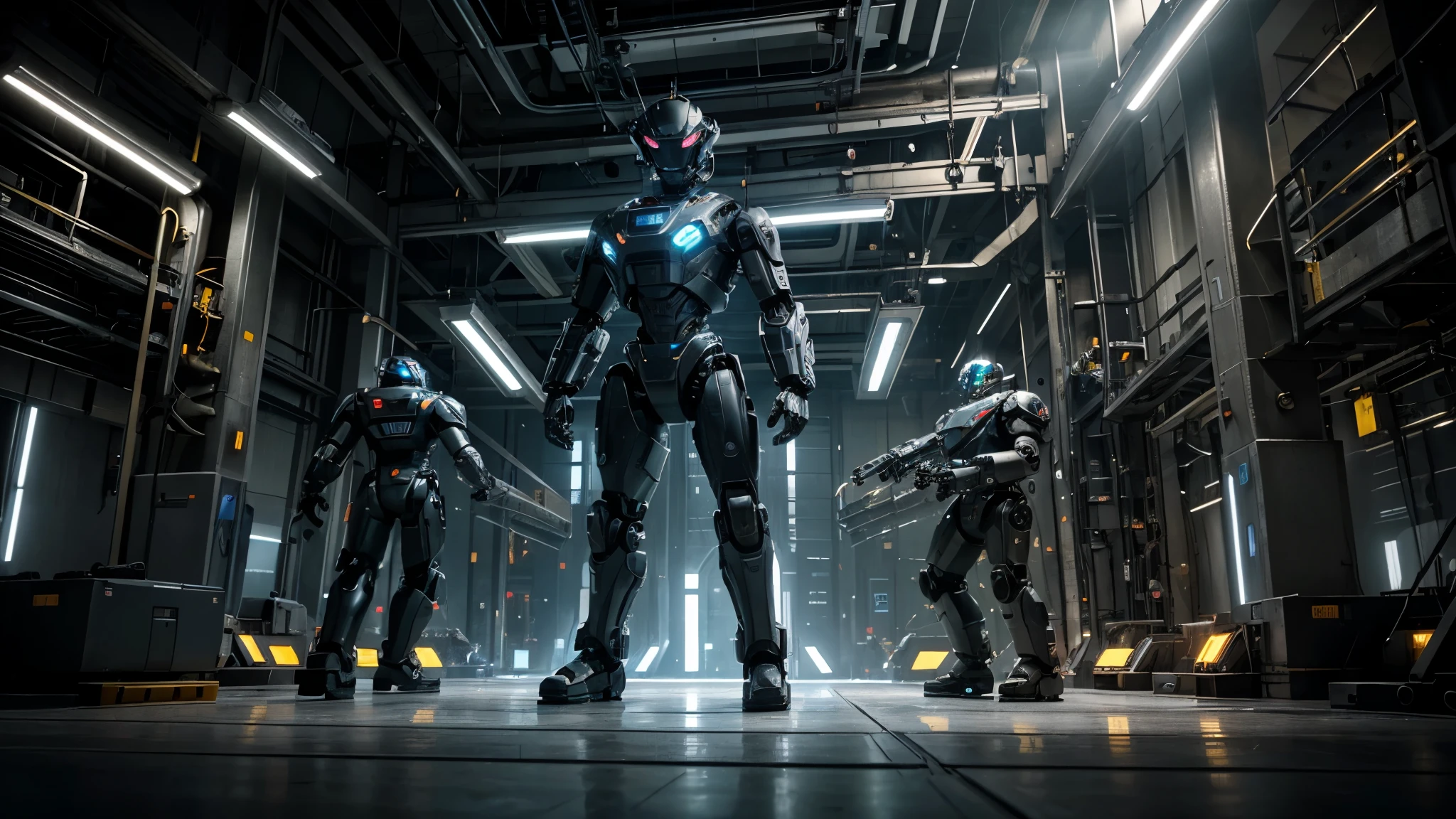 In a factory filled with futuristic robots, there is a group of dr roboman (1) working diligently to assemble robotic parts. The scene is depicted in a medium (2) that resembles highly-detailed illustrations and showcases the mechanical essence of the robots. The robots possess an industrial aesthetic with metallic exteriors and LED lights emitting a soft glow from their core. Their sleek design and precise movements are highlighted by ultra-detailed (best quality, 4k, highres, masterpiece:1.2) renders, capturing every intricate detail of their mechanical components. The factory is bustling with activity, with various machines and assembly lines in the background, [conveying a sense of productivity and efficiency]. The color palette (vivid colors:1.1) reflects the futuristic theme, with shades of silver, blue, and neon lights providing a technologically advanced ambiance. The lighting setup (studio lighting) creates dramatic highlights and shadows, emphasizing the robots' metallic textures and enhancing the overall atmosphere. As the robots diligently work, their movements are accompanied by a rhythmic hum, adding an auditory layer to the scene. The entire composition exudes a sense of order and precision, emphasizing the advanced capabilities and advanced technology employed by these dr roboman. The prompt aims to capture the essence of these futuristic robots and their industrial environment, allowing Stable Diffusion to generate a visually stunning image that showcases the intricate details and the technological marvel of these robotic creations in a captivating way.