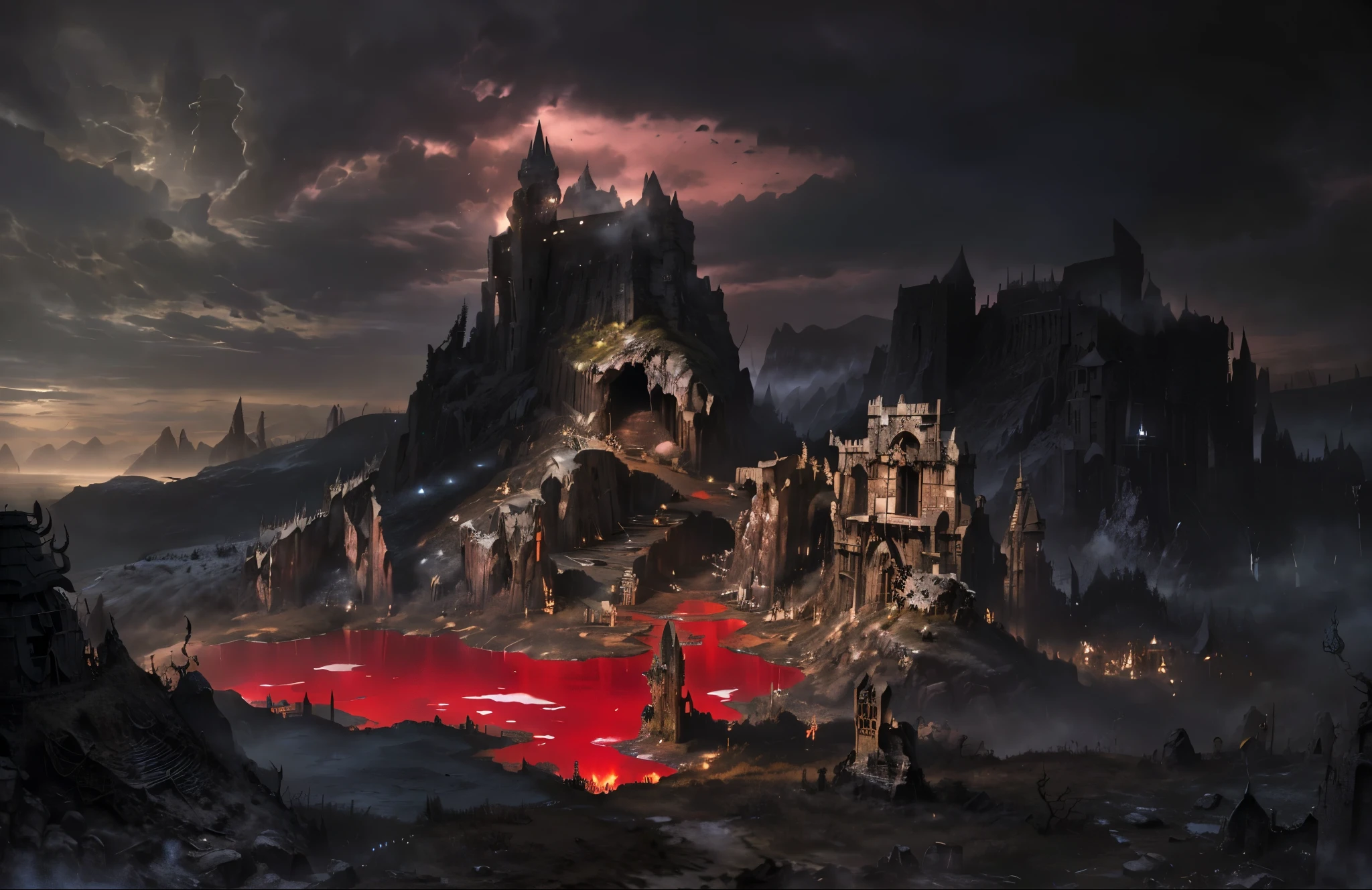 Fantasy RPG urban style, close up angle,Aerial view taken from drone from top to bottom,Big overlook,Dark style,Horror atmosphere,lifeless,Dark magic,broad perspective,Panorama, Bloody lake in the black forest,a lake full of blood,crimson lake,There are many irregular stone pillars around the lake,Ruined stone pillars,Ruins at night,A medieval ruin,There is a scary cave in the mountain in the distance,cave in mountain,cave,Midnight,In the dark,dim lights,black sky,Mysterious continent,Many remains of medieval civilian residences,Dark style,Dark magic森林,(巨大的Dark magic从西方发芽:1.2), (The air is filled with black necromancy.:1.2), fire, Ice and thunder, dungeons and dragons, final fantasy, game art, (Coherent architecture and exterior design, Has realistic proportions and textures, intricate details, Hand Painted, energetic, Cinema lighting, masterpiece, 8k:1.2),world map,In the middle of the map is the Holy City (best quality, 4K, high resolution, masterpiece:1.2), Super detailed, actual:1.37 illustrations, Aged canvas texture, colorful, dramatic lighting cobblestone streets with overgrown flora, rundown buildings,with crumbling walls,Broken windows (Majestic castle:1.1) On the hill overlooking the town, Busy market square with towering turrets and drawbridge,Merchants sell magical artifacts and exotic goods, Surrounded by medieval buildings,A group of adventurers gathered around a map, plan their next mission, Various clothing and weapons smoke rising from ruined buildings, implies the most recent and (battle damaged:0.9) Stone wall and scattered debris, depicts the aftermath of a fierce battle,Mechanical weapons feature intricate carvings and ornate decorations, The fantastical nature of the gears and gears of the institution are shown in detail, Revealing its complex inner workings (mysterious creature:1.1) wandering the streets, Such as dragons flying overhead or elves blending into the shadows for a sense of mystery and adventure, Hidden nooks and crannies invite exploration, The scene depicts a devastated medieval town, With a protruding mechanism similar to a machine gun as the core. The artwork exudes a fantasy RPG atmosphere, with close up angles capturing the intricate details of the environment. The high-quality image showcases actual textures and colors, Lighting adds a dramatic air to the scene. The town is full of dilapidated buildings, overgrown flora, and a Majestic castle overlooking the chaos. The Market Square offers a glimpse into the town's diverse residents and adventurers preparing for their next quest. The work incorporates fantasy elements, like mythical creatures, Enhances sense of wonder and adventure.