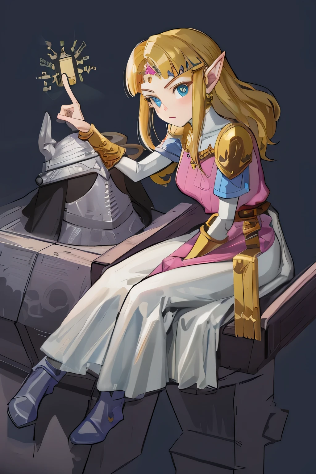 Cartoon,Painting of a woman sitting on the shoulders of a giant humanoid armor,A bright light shines on the index finger of the right hand, princess zelda, portrait of princess zelda, princess intergalactica, zelda style art, zelda, portrait of zelda, video game fanart, artificial intelligence princess, artistic, from legend of zelda, game art, Cartoon渲染艺术风格,anime style