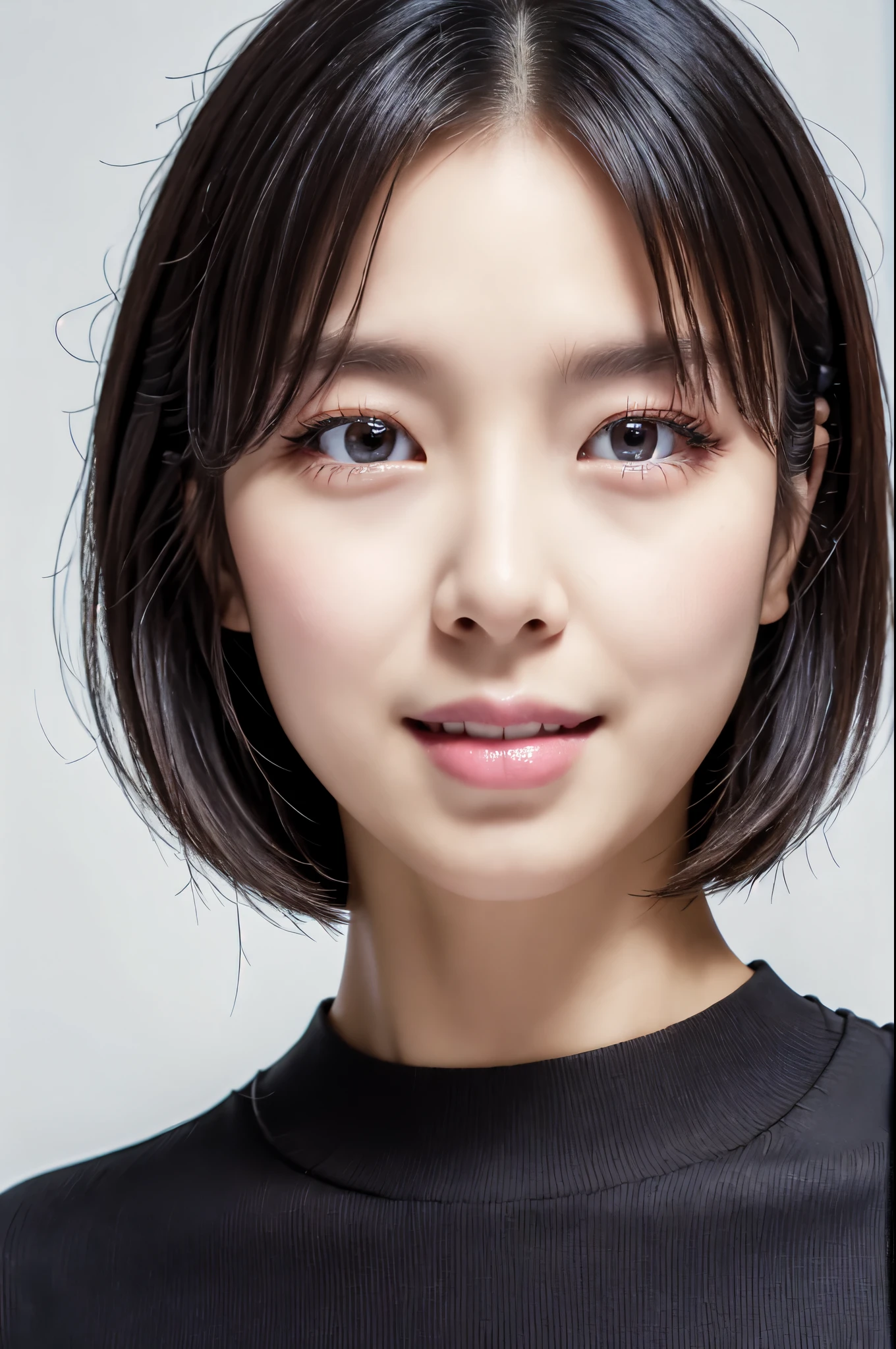 ((Front view)),(Masterpiece:1.3), (8K, Photorealistic, RAW photo, Best quality: 1.4), White background ,Be happy, A Skinny Japanese lady, Show your teeth,(1girl), Beautiful face, (Realistic face), (Black hair, Short hair:1.3), Beautiful hairstyle, Realistic eyes, Beautiful detailed eyes, (Realistic skin), Beautiful skin, (Black sweater), Attractive, Ultra photo realsisim, Highly detailed, Golden ratio