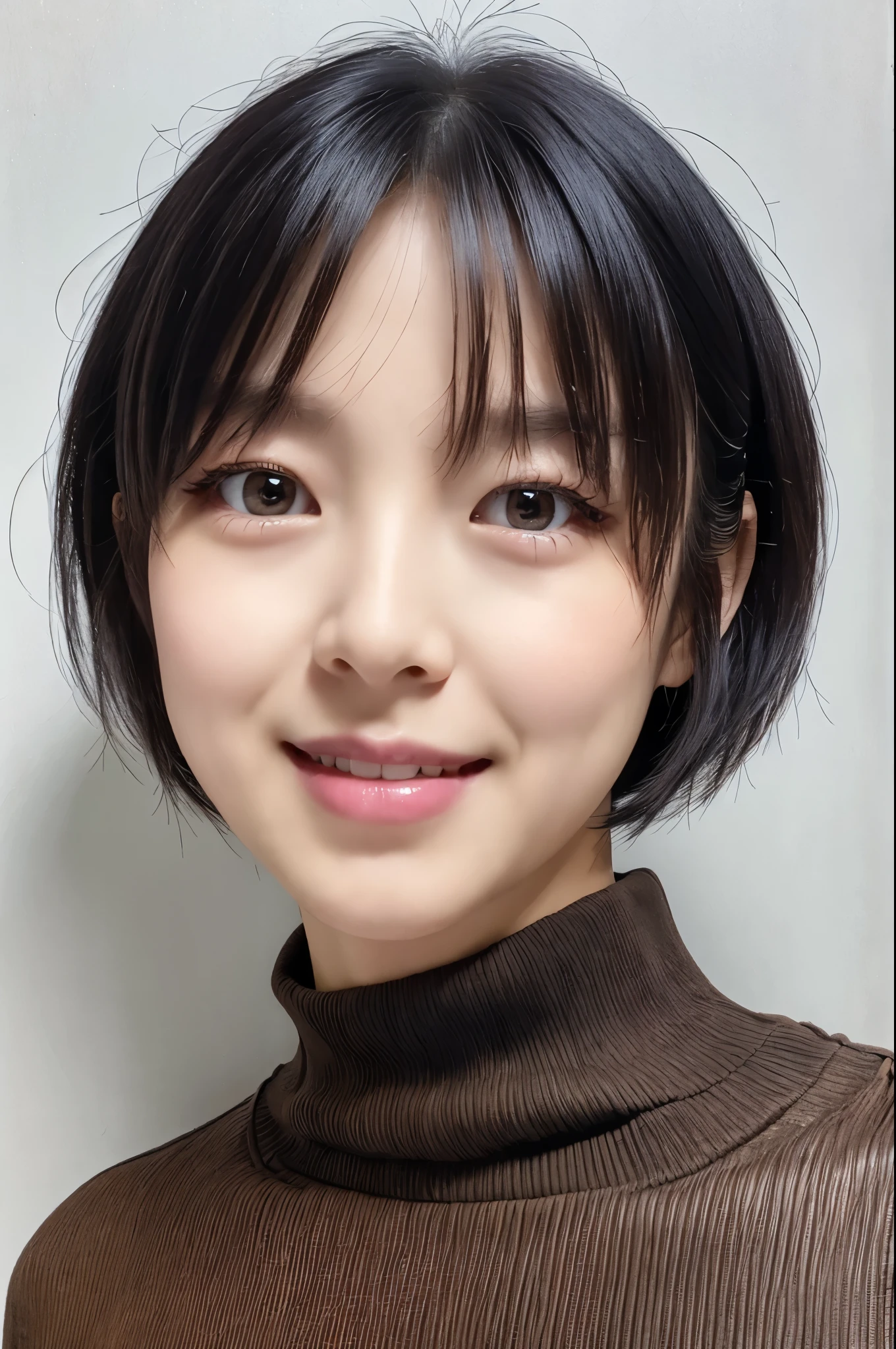 ((Front view)),(Masterpiece:1.3), (8K, Photorealistic, RAW photo, Best quality: 1.4), White background ,Be happy, A Skinny Japanese lady, Show your teeth,(1girl), Beautiful face, (Realistic face), (Black hair, Short hair:1.3), Beautiful hairstyle, Realistic eyes, Beautiful detailed eyes, (Realistic skin), Beautiful skin, (Black sweater), Attractive, Ultra photo realsisim, Highly detailed, Golden ratio