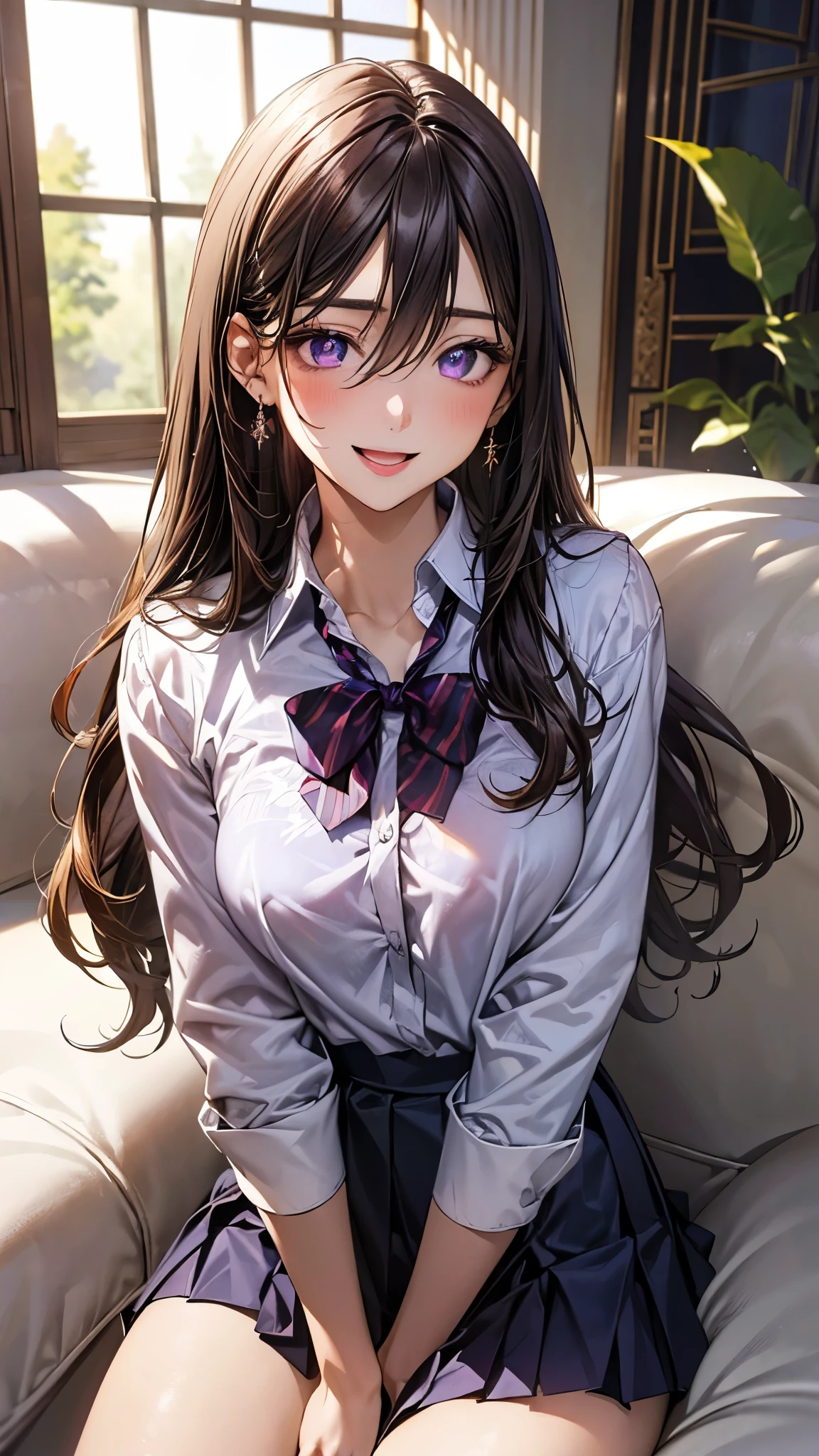 (masterpiece:1.2, top-quality), (realistic, photorealistic:1.4), beautiful illustration, (natural side lighting, movie lighting), , 
(looking at viewer), 1 girl, japanese, high school girl, perfect face, cute and symmetrical face, shiny skin, 
(long hair:1.5, straight hair:1.7, bronze hair), hair between eyes, big eyes, purple eyes, drooping eyes, long eye lasher, (large breasts:0.6), 
beautiful hair, beautiful face, beautiful detailed eyes, beautiful clavicle, beautiful body, beautiful chest, beautiful thighs, beautiful legs, 
((symmetrical clothing, detailed cloth texture, white collared shirt, dark navy pleated skirt)), dark red bow tie, 
(beautiful scenery), evening, living room, sitting sofa, hands on mouth, (lovely smile, upper eyes, open mouth), 