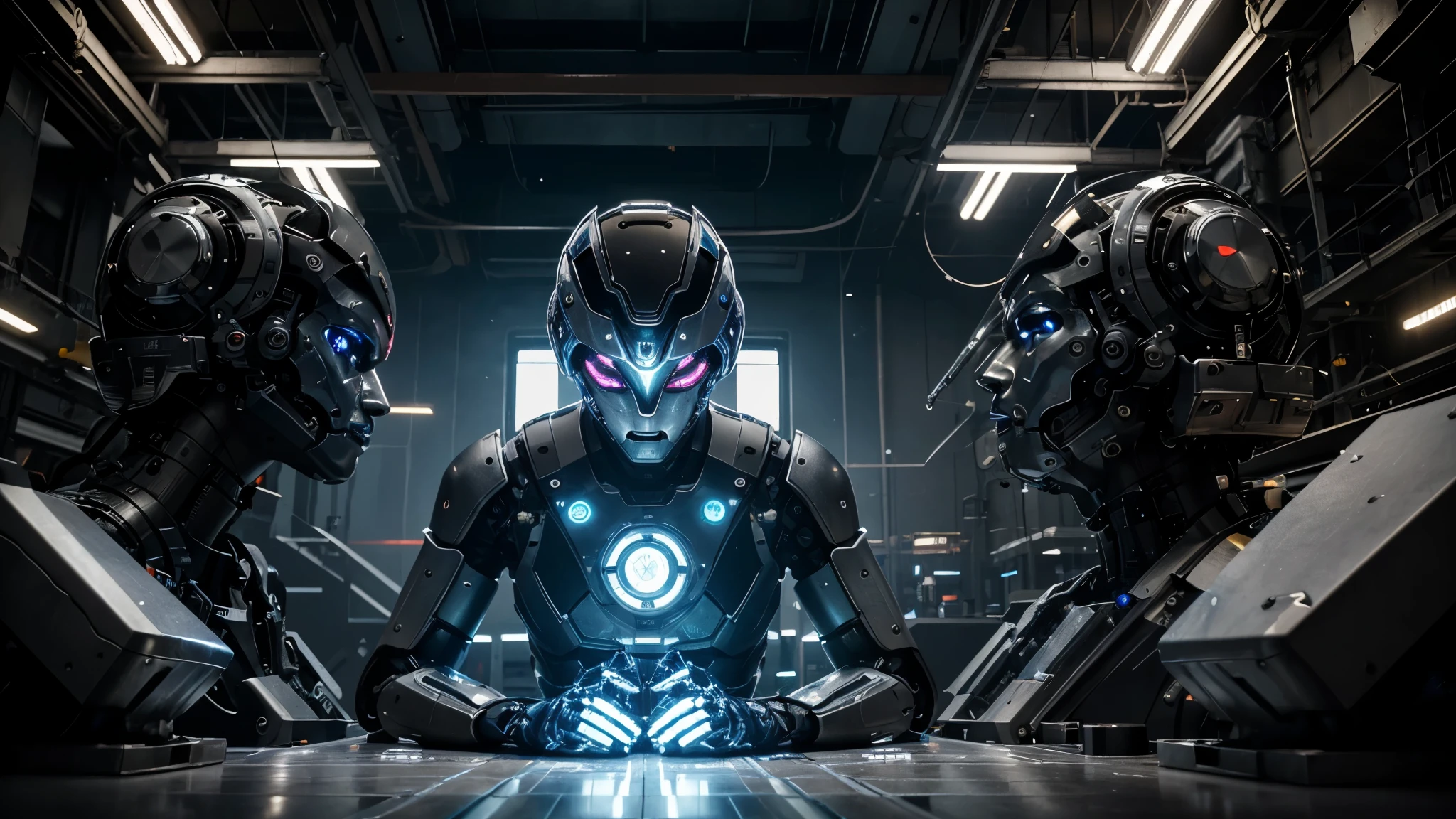 In a factory filled with futuristic robots, there is a group of dr roboman (1) working diligently to assemble robotic parts. The scene is depicted in a medium (2) that resembles highly-detailed illustrations and showcases the mechanical essence of the robots. The robots possess an industrial aesthetic with metallic exteriors and LED lights emitting a soft glow from their core. Their sleek design and precise movements are highlighted by ultra-detailed (best quality, 4k, highres, masterpiece:1.2) renders, capturing every intricate detail of their mechanical components. The factory is bustling with activity, with various machines and assembly lines in the background, [conveying a sense of productivity and efficiency]. The color palette (vivid colors:1.1) reflects the futuristic theme, with shades of silver, blue, and neon lights providing a technologically advanced ambiance. The lighting setup (studio lighting) creates dramatic highlights and shadows, emphasizing the robots' metallic textures and enhancing the overall atmosphere. As the robots diligently work, their movements are accompanied by a rhythmic hum, adding an auditory layer to the scene. The entire composition exudes a sense of order and precision, emphasizing the advanced capabilities and advanced technology employed by these dr roboman. The prompt aims to capture the essence of these futuristic robots and their industrial environment, allowing Stable Diffusion to generate a visually stunning image that showcases the intricate details and the technological marvel of these robotic creations in a captivating way.