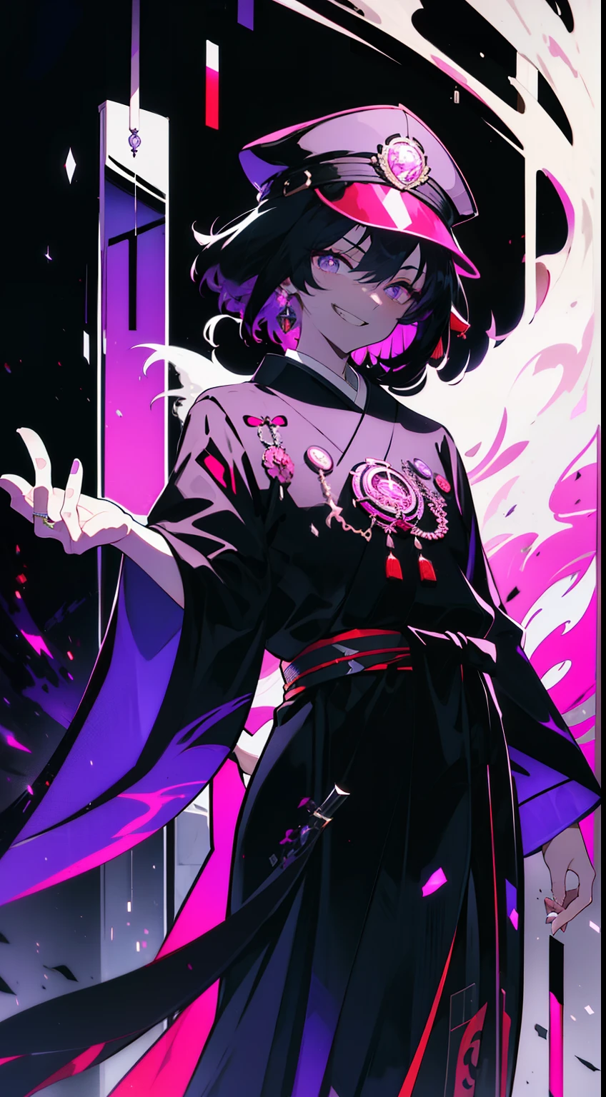 young guy, short fluffy hair, lilac eyes, Best quality, Super detailed illustration, Postman Hat, japanese loose clothing, purple and dark tones, grin, full length, dark aura, black and red, Two tons, dark shade, red tint, high contrast, Dark lighting