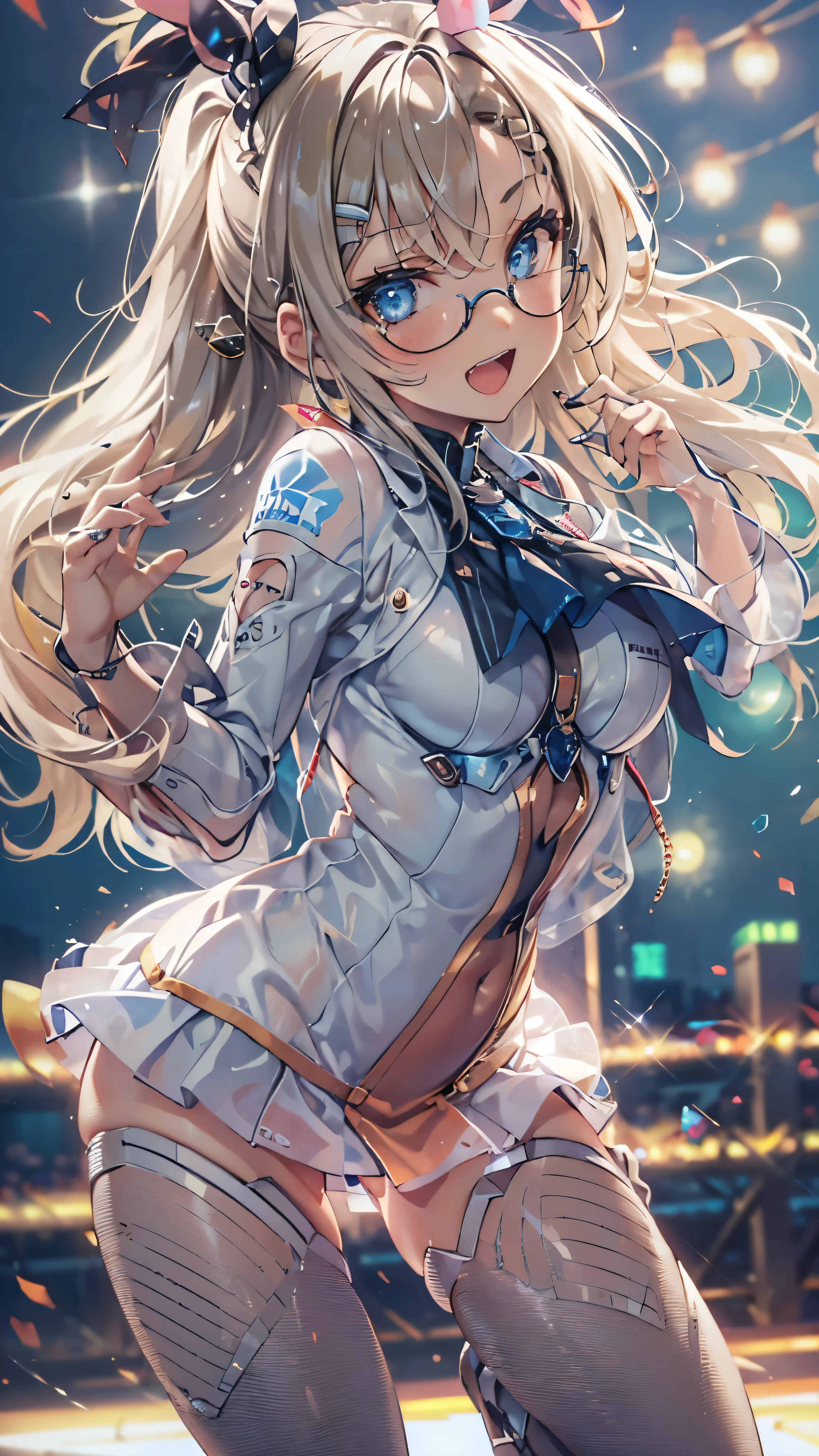 woman,,,city,night,(((white and blue tight miniskirt bodysuit))),,open mouth smile((See-through))Glasses,((Beautiful long ponytail)),((baby girl bohape))((blonde))