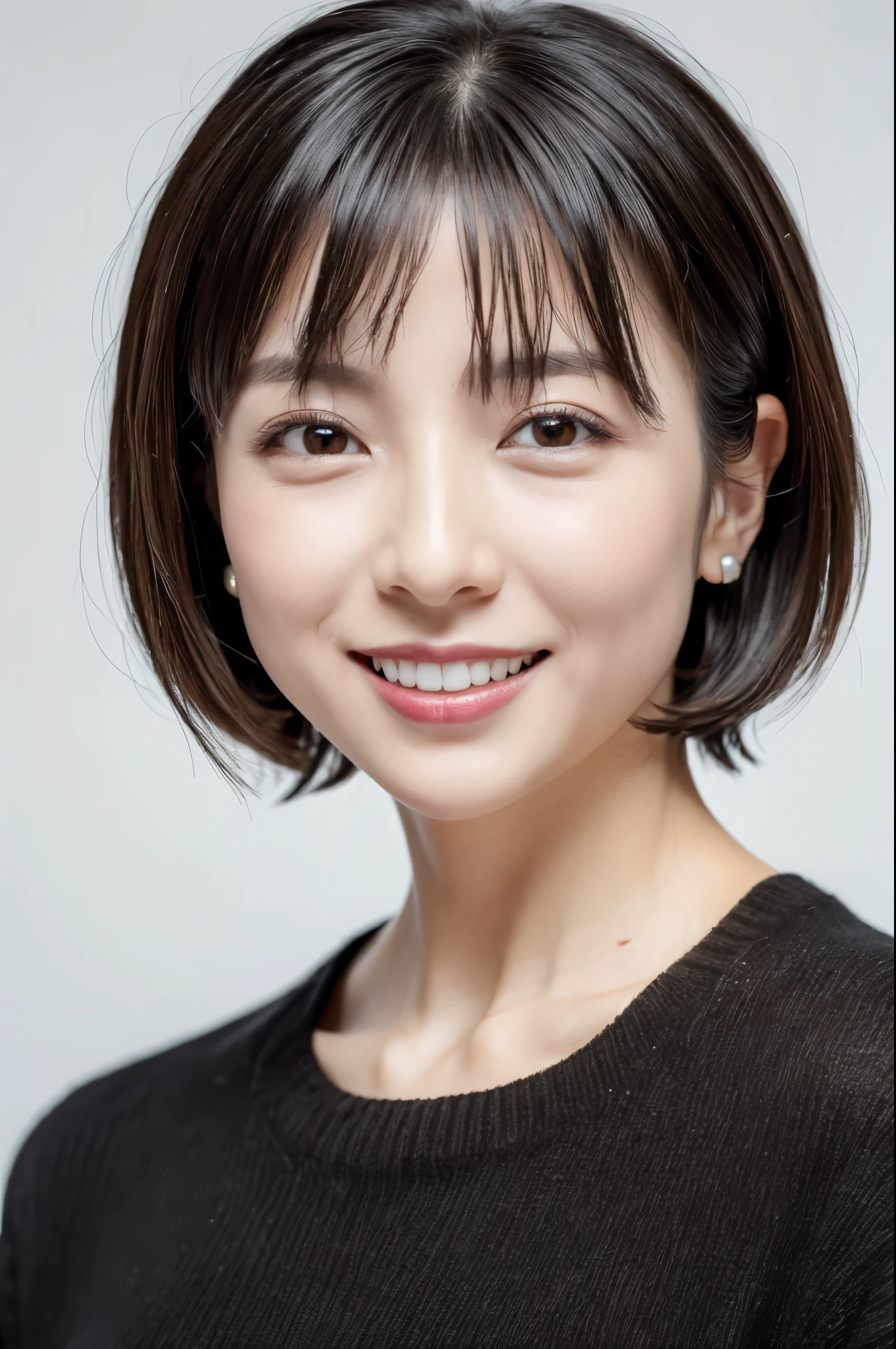 ((Front view)),(Masterpiece:1.3), (8K, Photorealistic, RAW photo, Best quality: 1.4), White background ,Be happy, A Skinny Japanese lady, Show your teeth,(1girl), Beautiful face, (Realistic face), (Black hair, Short hair:1.3), Beautiful hairstyle, Realistic eyes, Beautiful detailed eyes, (Realistic skin), Beautiful skin, (Black sweater), Attractive, Ultra photo realsisim, Highly detailed, Golden ratio