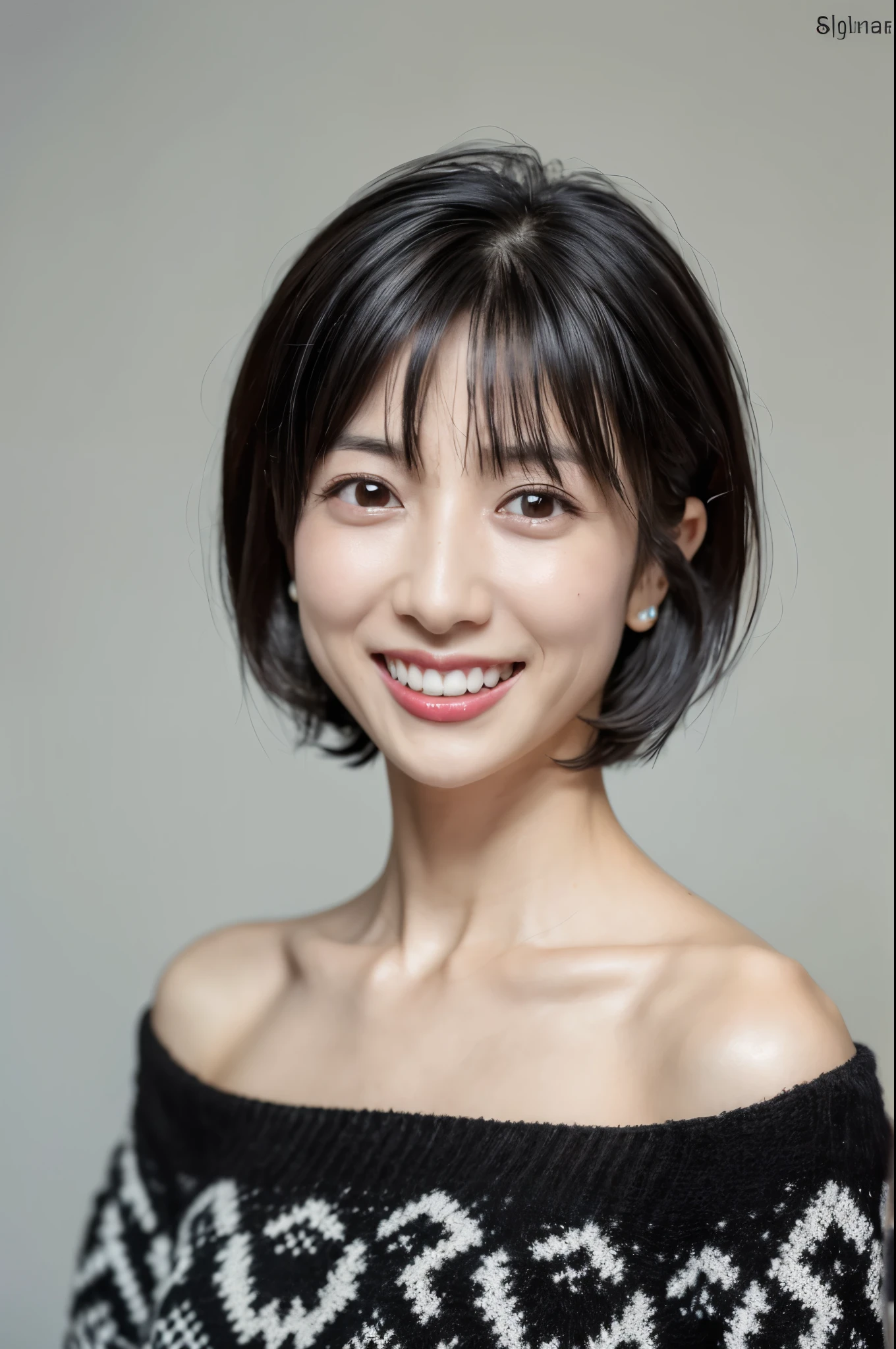 ((Front view)),(Masterpiece:1.3), (8K, Photorealistic, RAW photo, Best quality: 1.4), White background ,Be happy, A Skinny Japanese lady, Show your teeth,(1girl), Beautiful face, (Realistic face), (Black hair, Short hair:1.3), Beautiful hairstyle, Realistic eyes, Beautiful detailed eyes, (Realistic skin), Beautiful skin, (Black sweater), Attractive, Ultra photo realsisim, Highly detailed, Golden ratio