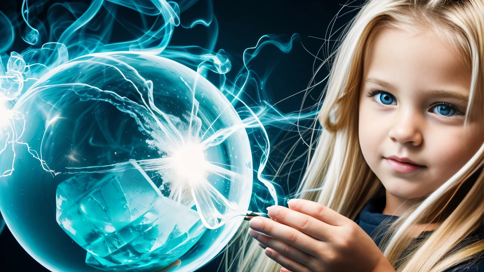 a close-up of a KIDS GIRL BLONDE with long hair, BIG BALL OF electrified ICE IN HANDS. SMOKE GREEN.