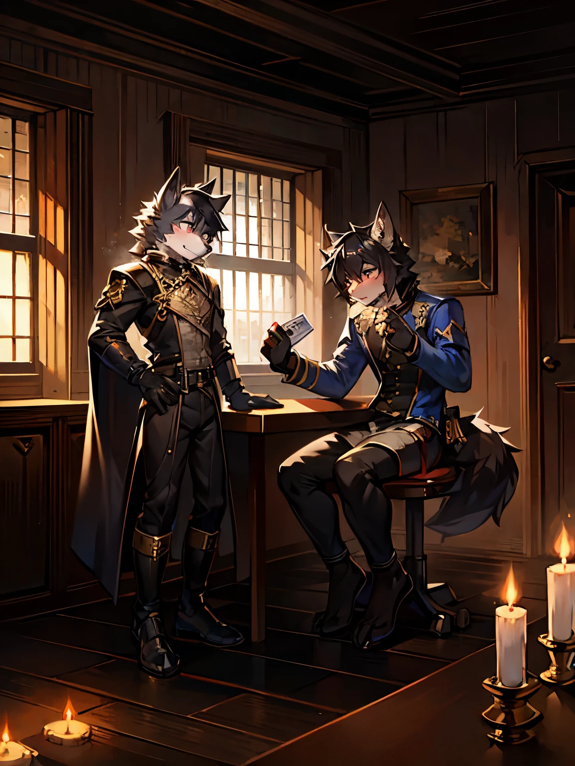 Two black-haired wolves，One is standing next to the table，The other one is sitting on the table，Map on the table，dark room，Candle，pondering，Long knives，搭在墙上的白色Long knives，militarist，dark clouds，downpours，Gray sky，Clear face，gold，一包gold，Handsome，Lovely Shota