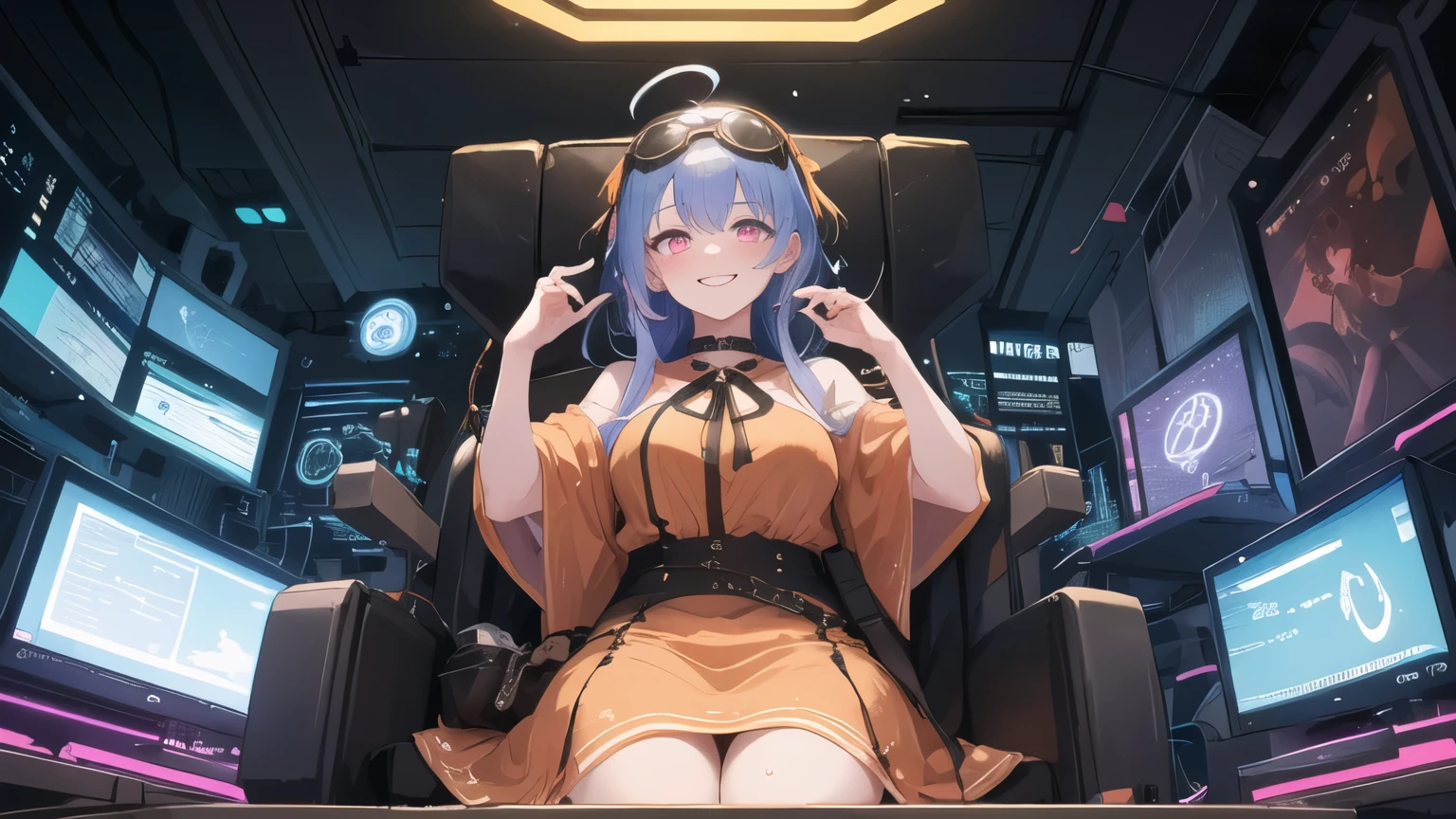 1girl, hands hidden, solo, 25 years old, perfect face, wearing orange dress(intricate ornamentation), wild violet-blue hair, ahoge, pink eyes(neon glow), goggles on head, grinning, blushing, thick adult body, voluptuous, pale skin(cadaverous complexion),wires extending, wire plugged into neck, wet skin, chiaroscuro, clockwork, steampunk spaceship cockpit, laying on leather pilot seat, from below, cosmic, Chaldea from FGO logo on monitor, magic circle on monitors, Goetic formulae on monitors, Enochian symbols on monitors, stars outside, absurdes, high res, ultrasharp, 8k, best quality, masterpiece, looking at viewer, 
