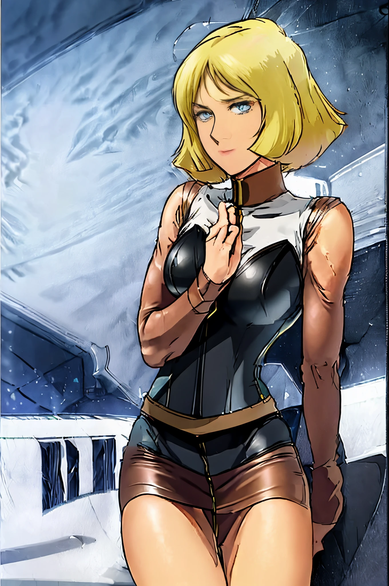 Sayla Mass、Earth Federation Forces female soldier、(((blonde)))、short bob、The ends of the hair are gently spread out、4K, Raw Camera, High resolution, masterpiece, portrait, beautiful, beautiful, Highestquality, very detailed, Highestquality clothing, beautiful clothings, professional angle, feminine, delicate, beautiful、(Highestquality:1.3),  Seductress, sexyなface, erotic pose, sexy, Curvaceous numbers、
BDSM、(((Black leather corset dress:1.4)))、The corset is decorated with beautiful embroidery.、corset dress with shoulder straps、(((Tight mini skirt in black leather:1.4)))、first round、(((Black Thigh Boots)))、high heel boots、Black leather bra、Black leather panties、
1 girl, 20 years,young woman,beautiful Finger,beautiful long legs,beautiful body,
beautiful Nose,beautiful character design, perfect eye, perfect face,expressive eye,perfect balance,
looking at the viewer,(Focus on her face),closed mouth, (innocent_big_eye:1.0),(light_笑face:0.3),
official art,very detailedな CG Unity 8k 壁紙, 
(masterpiece:1.0),(Highest_quality:1.0), 超High resolution,4K,super detailed,
photograph, 8K, HDR, High resolution, disorganized:1.2, kodak portrait 400, film grain,プロのphotograph,cowboy shot、
(average sized breasts:1.4), (beautiful_face:1.5),(narrow_waist),