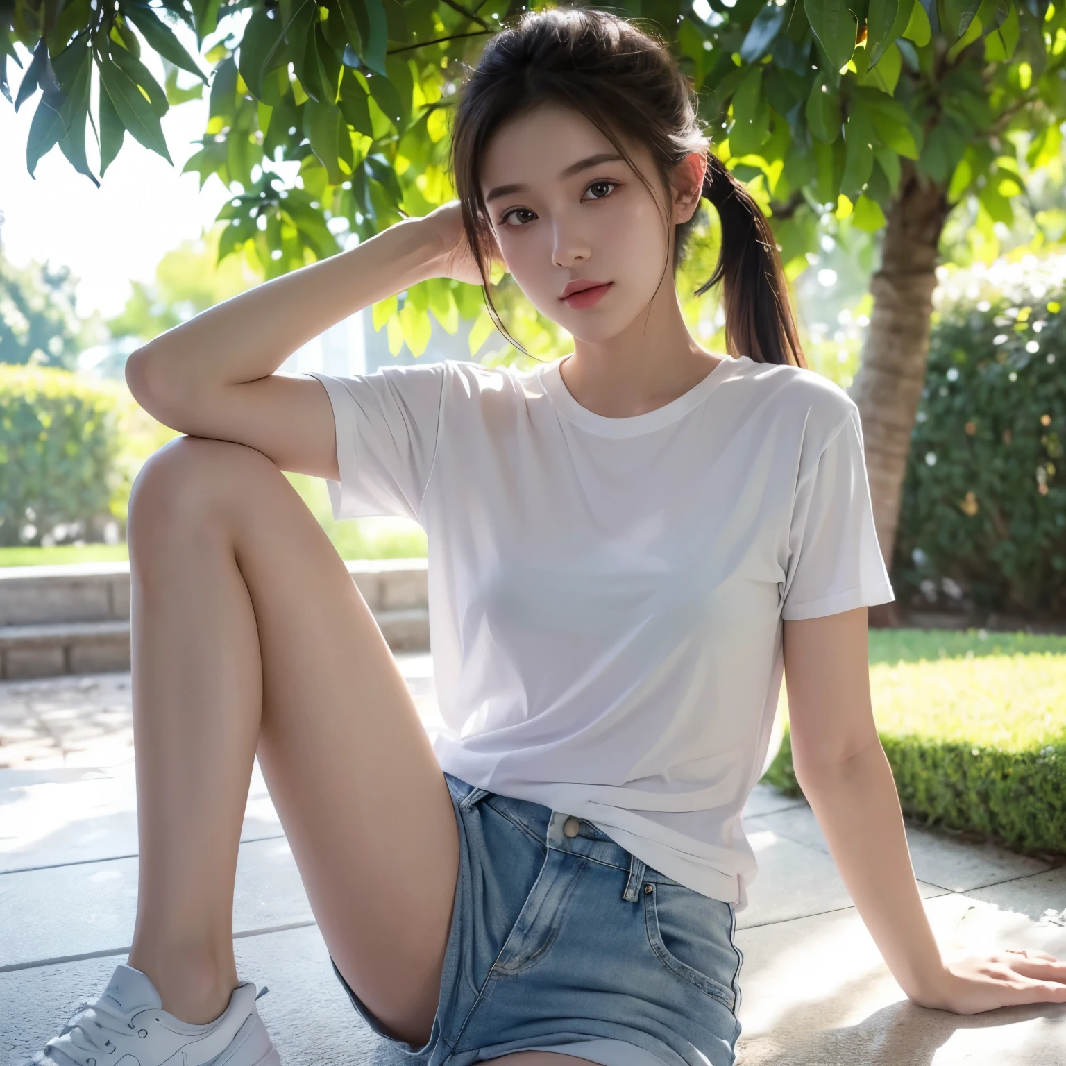 (best quality, hd, ultra-detailed, realistic:1.37), 1girl, blank white tshirt, short pants, ponytails, models, vibrant colors, sunlight, natural ambience, professional lighting, soft shadows, summertime, energetic, youthful, lively, outdoor photoshoot