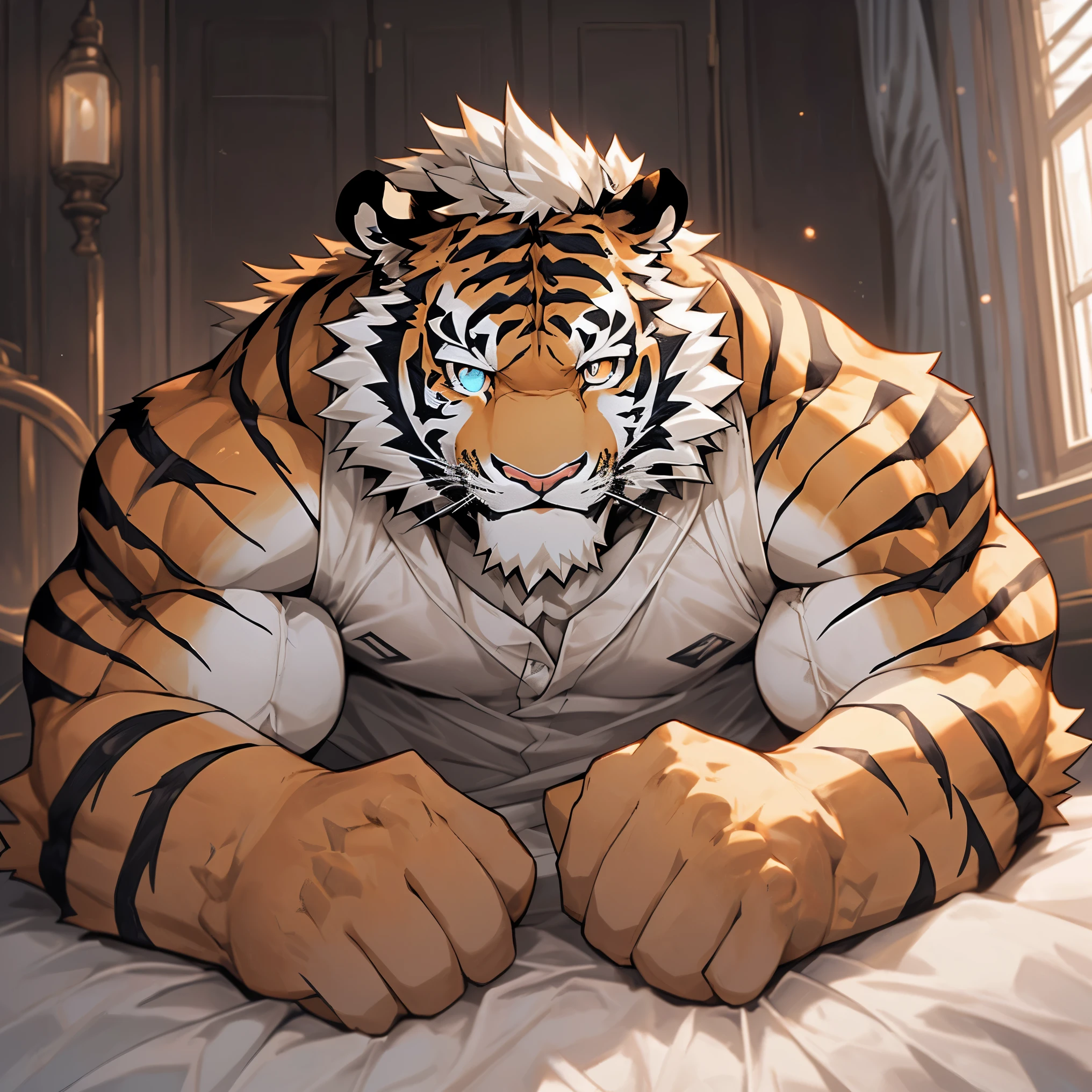 disney,anime character with tiger Lying lazily in bed, tiger_beast, Firmware version, high resolution committee, ((tiger)), gigachad muscular, muscular!!, Tik, muscular!, anthropomorphic tiger, muscular character, Kushat Kenzi, Super detailed!!, muscular!!!, beefy, full body commission, Full body details are very rich,32k,(Full body close-up:1.2),(The two eyes are different in color,Different pupils:1.8),HD,(Colored hair:1.2),(Sexy pajamas:1.3),solo,(Cute expressions:1.3),hope,(One eye is blue,The other eye is gold:1.5),(A pair of eyes with different pupil colors:1.5)
