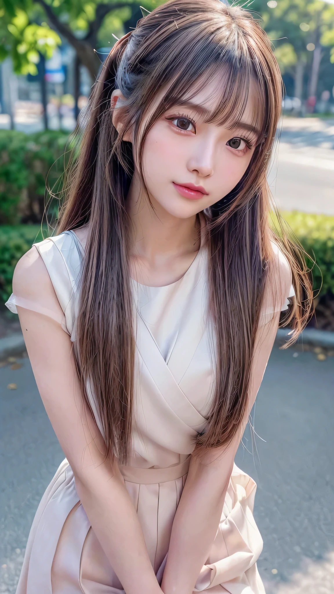 blush,14 years old,long hair ponytail,The Street,White Blouse、long skirt、Enjoying dating,amusement park,close up of face,((8K, Raw photo, best quality, muste piece:1.2), (Reality, photorealistic:1.4), (Highly detailed 8K wallpaper), Depth of bounds written, cinematic lighting, soft light, detailed beauty eye,Shiny and smooth light brown ponytail, asymmetrical bangs, shiny skin, super detailed skin ,high resolution, high detail, detailed hairstyle, detailed beauty face, hyper real, perfect limbs, perfect anatomy ,1 Japanese girl,famous japanese idol, perfect female body,shy smile,short eyelashes,double-edged eyelids,look straight here,Hair style is ponytail,