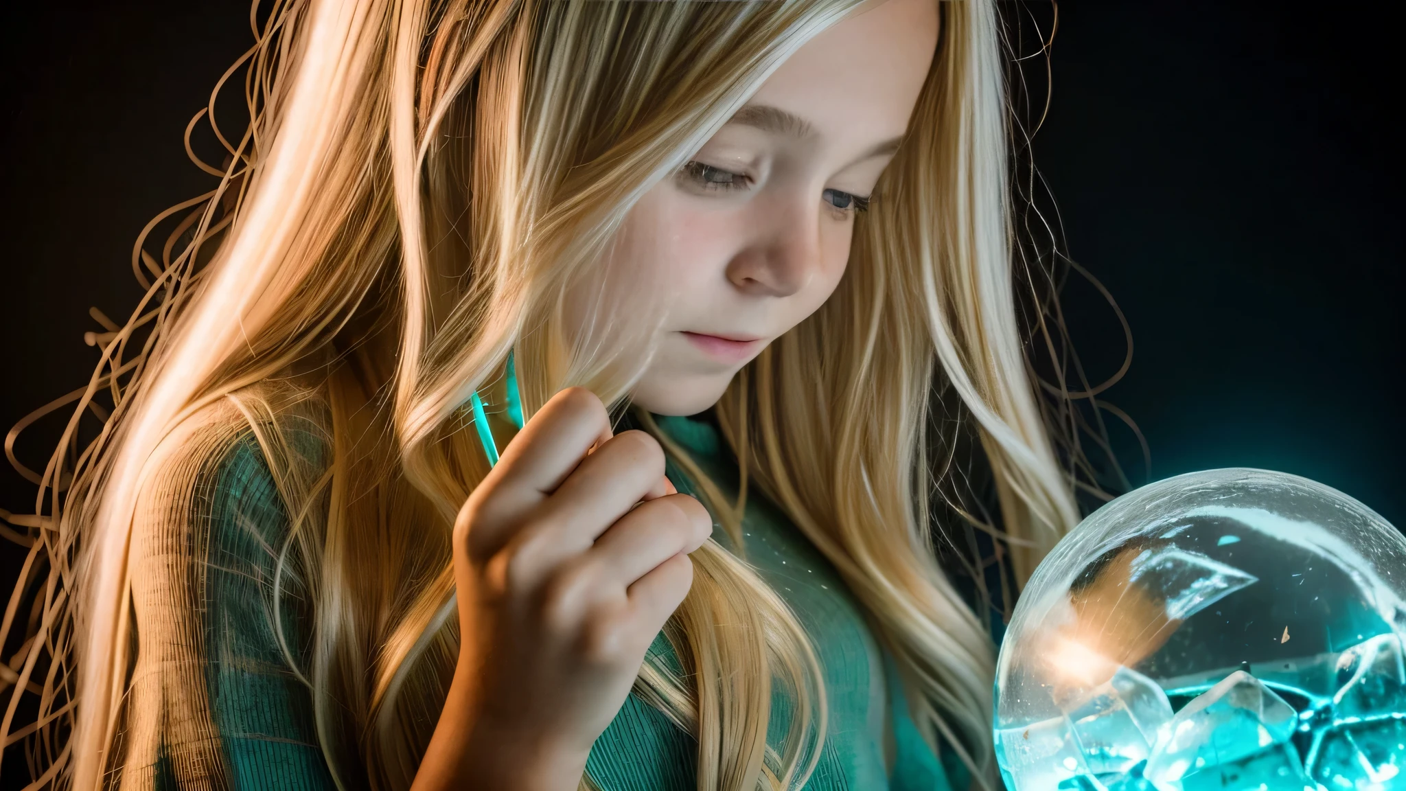 a close-up of a KIDS GIRL BLONDE with long hair, BIG BALL OF electrified ICE IN HANDS. SMOKE GREEN.
