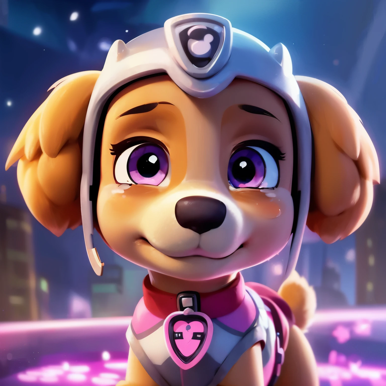 Paw Patrol Skye is sad, she is crying, there are tears on her cheeks, pink eyes, her golden-brownish ears, cutie, beautiful space background