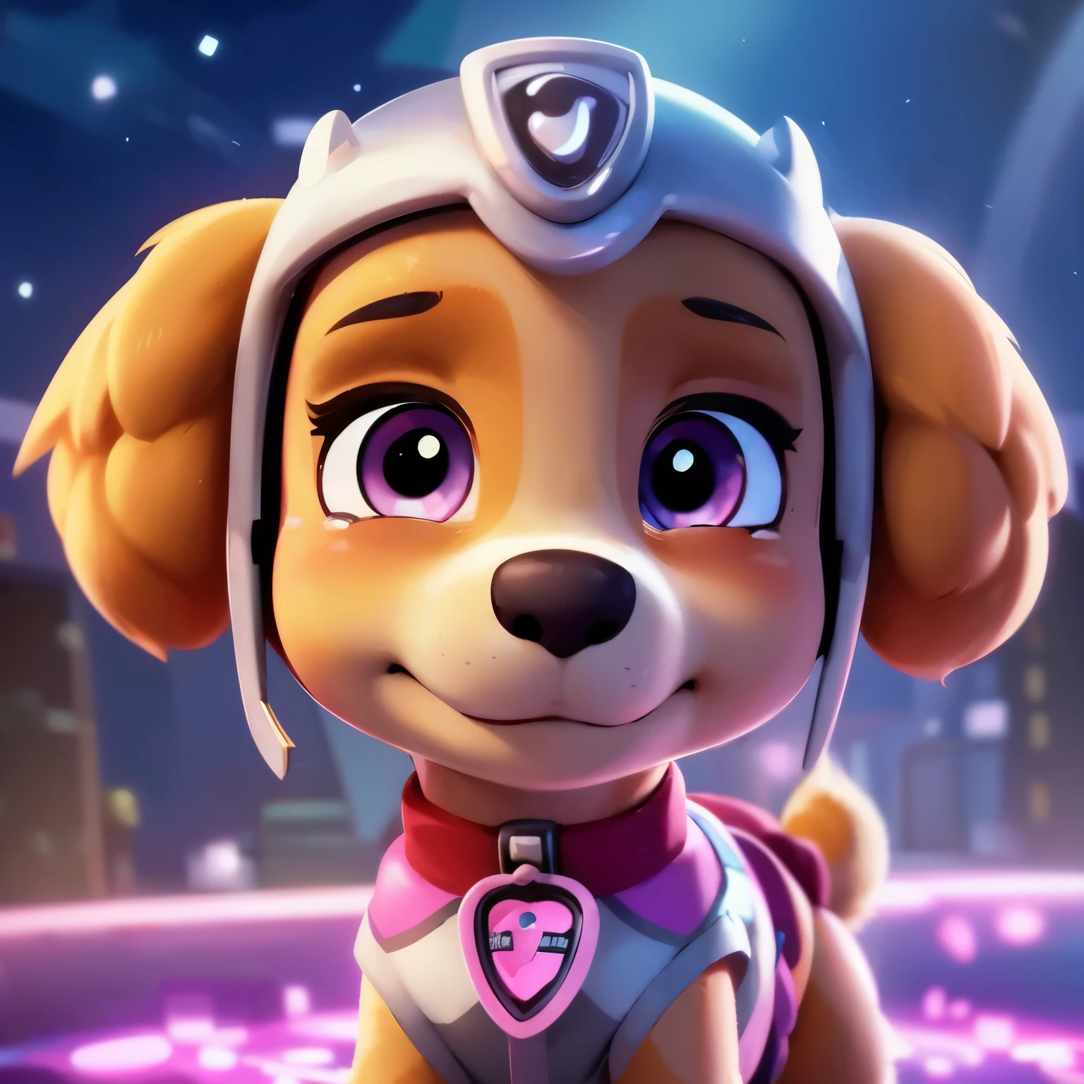 Paw Patrol Skye is sad, she is crying, there are tears on her cheeks, pink eyes, her golden-brownish ears, cutie, beautiful space background
