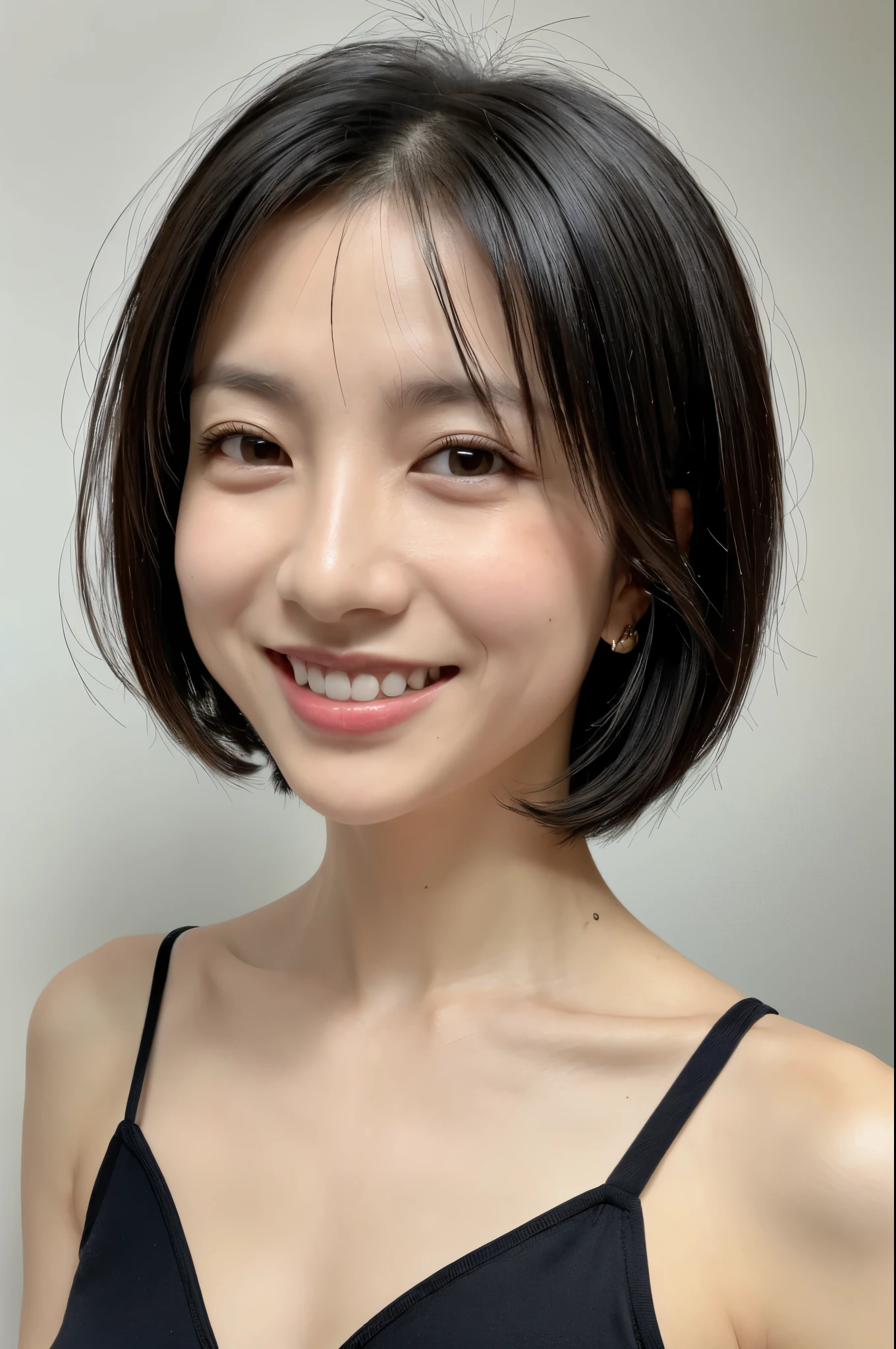 ((Front view)),(Masterpiece:1.3), (8K, Photorealistic, RAW photo, Best quality: 1.4), White background ,Be happy, A Skinny Japanese lady, Show your teeth,(1girl), Beautiful face, (Realistic face), (Black hair, Short hair:1.3), Beautiful hairstyle, Realistic eyes, Beautiful detailed eyes, (Realistic skin), Beautiful skin, (blue bra), Attractive, Ultra photo realsisim, Highly detailed, Golden ratio